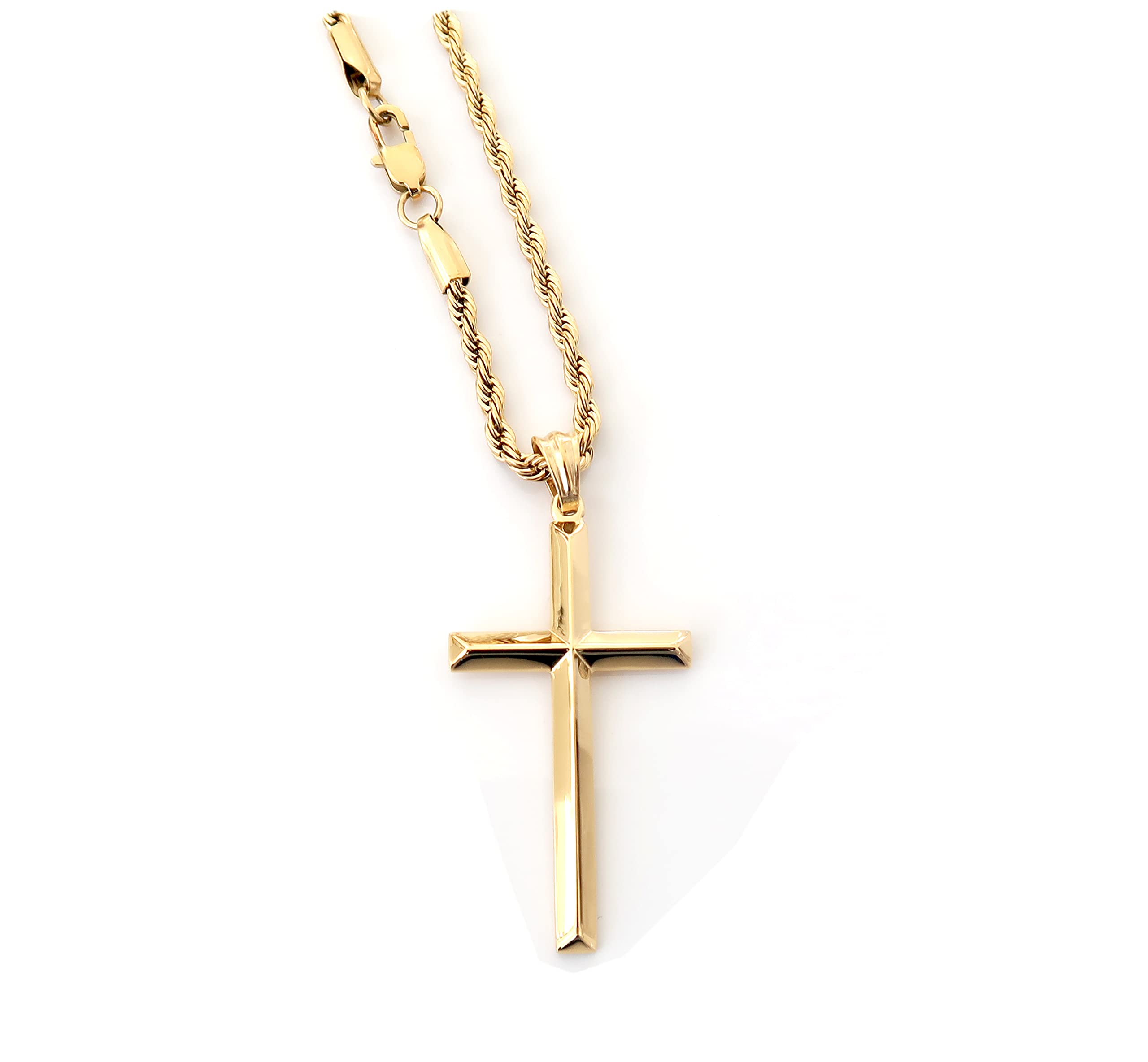 14K Gold Rope Chain Cross Pendant Necklace for Men - 3mm Thin Religious Jewelry with Diamond Cut Beveled Edge - Perfect Gift for Husband, Father's Day, Baptism & Church Occasions