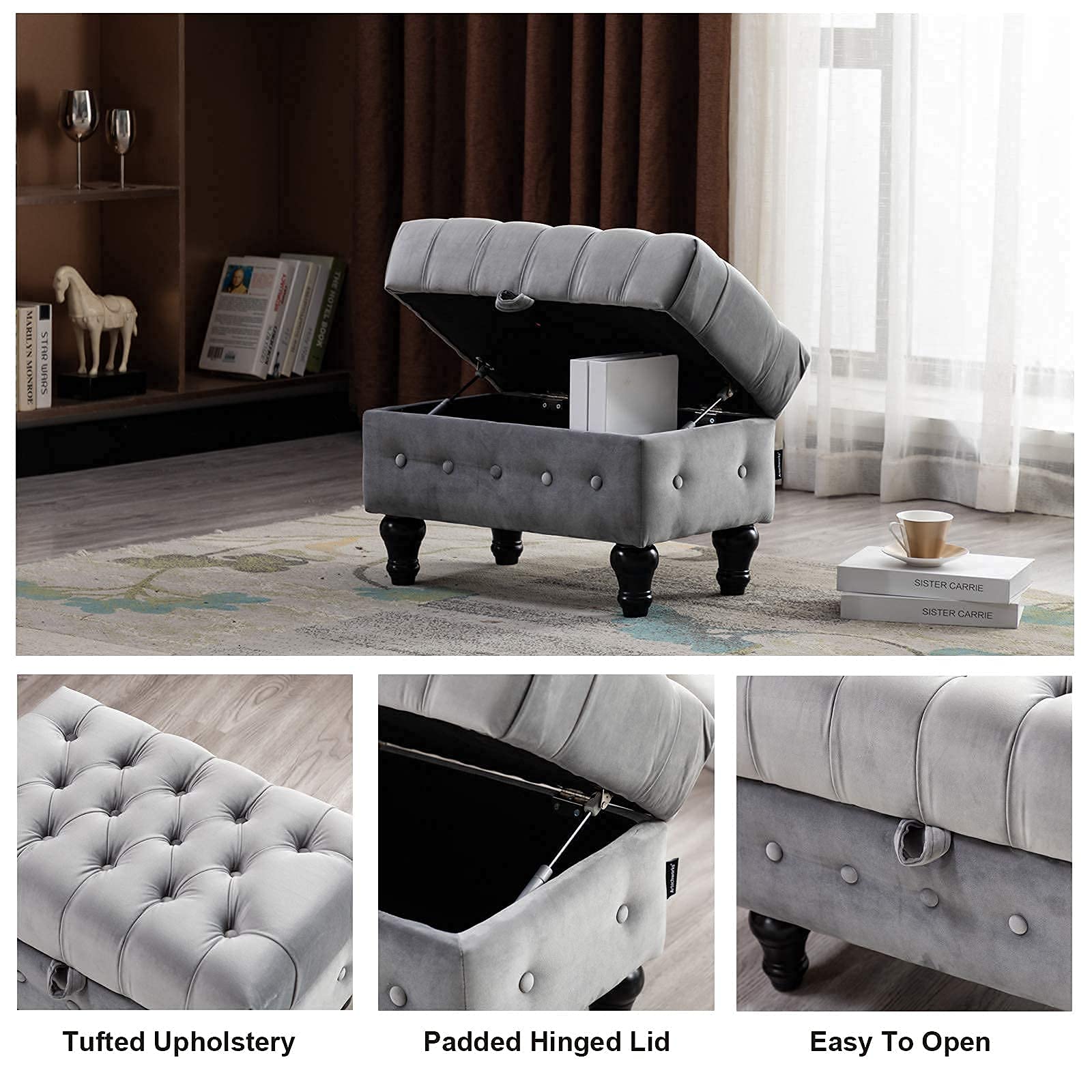 Artechworks Rectangular Storage Coffee Table Ottoman with Button Tufted Upholstery - Multifunctional Footstool, Toy Box & Space-Saving Stool for Living Room, Bedroom & Home Office (Grey) - Perfect for Small Spaces, Kids' Room Organization & Cozy Home Decor