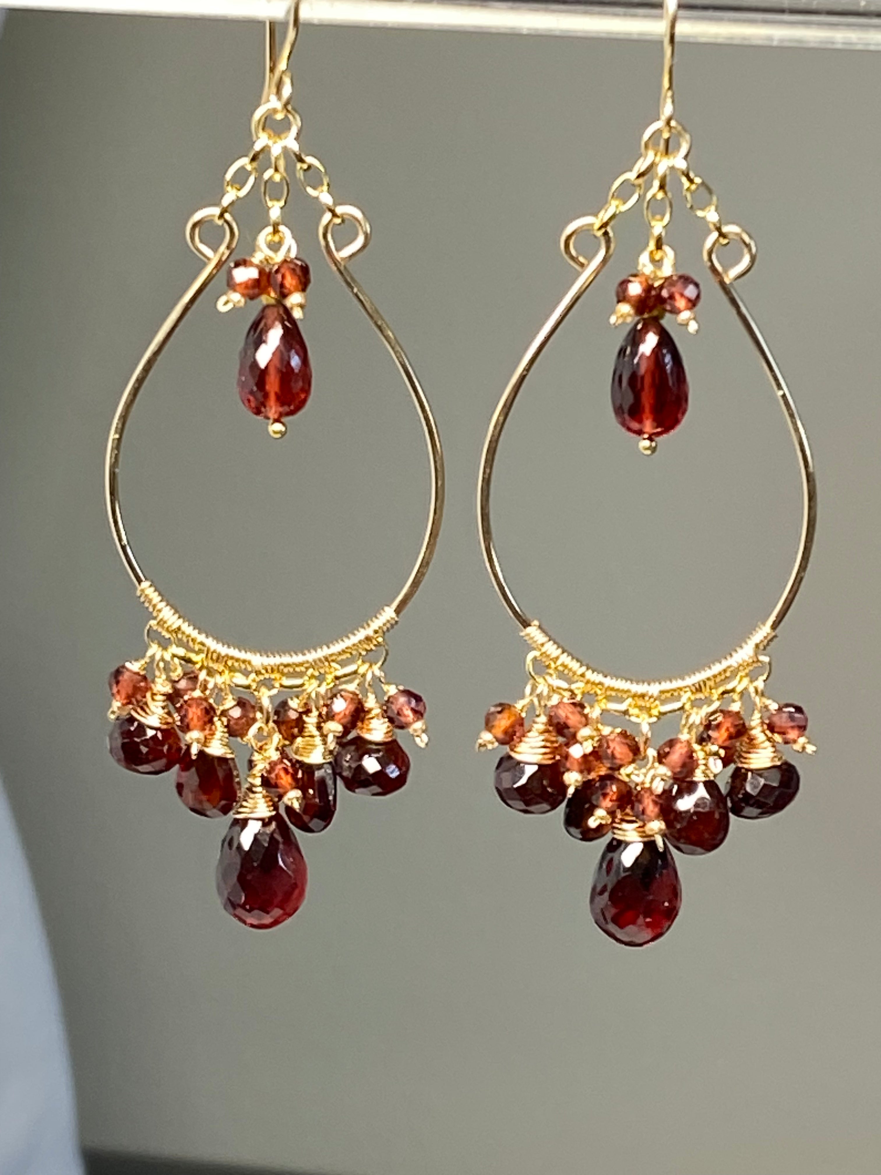 Red Garnet Gold Statement Chandelier Hoop Earrings for Women - Elegant Dangle Earrings for Party, Wedding & Evening Events