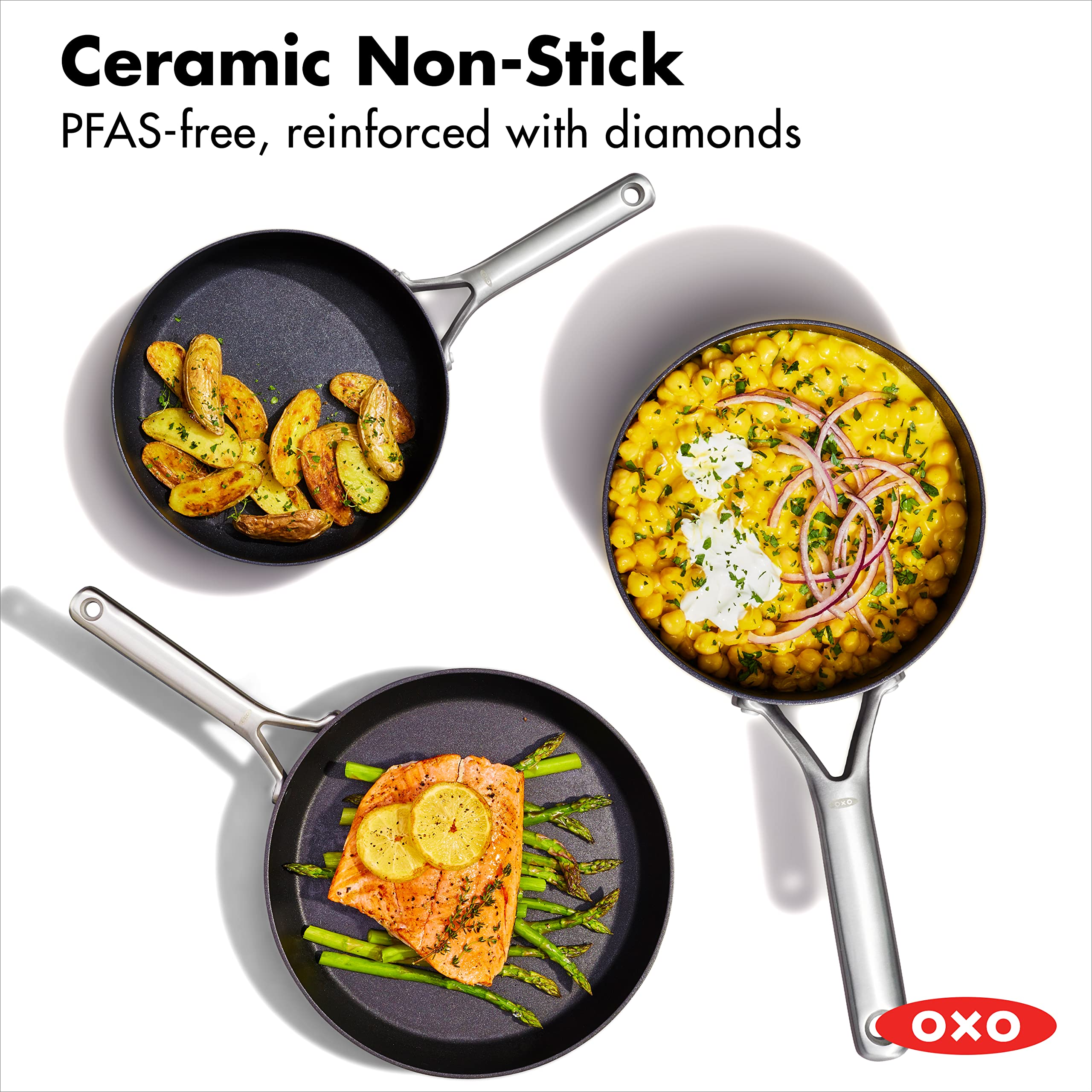 OXO Professional 5-Piece Nonstick Cookware Set - Hard Anodized PFAS-Free Ceramic Coating, Diamond Reinforced, Induction Compatible, Stainless Steel Handles, Oven & Dishwasher Safe - Perfect for Sautéing, Frying & Everyday Cooking