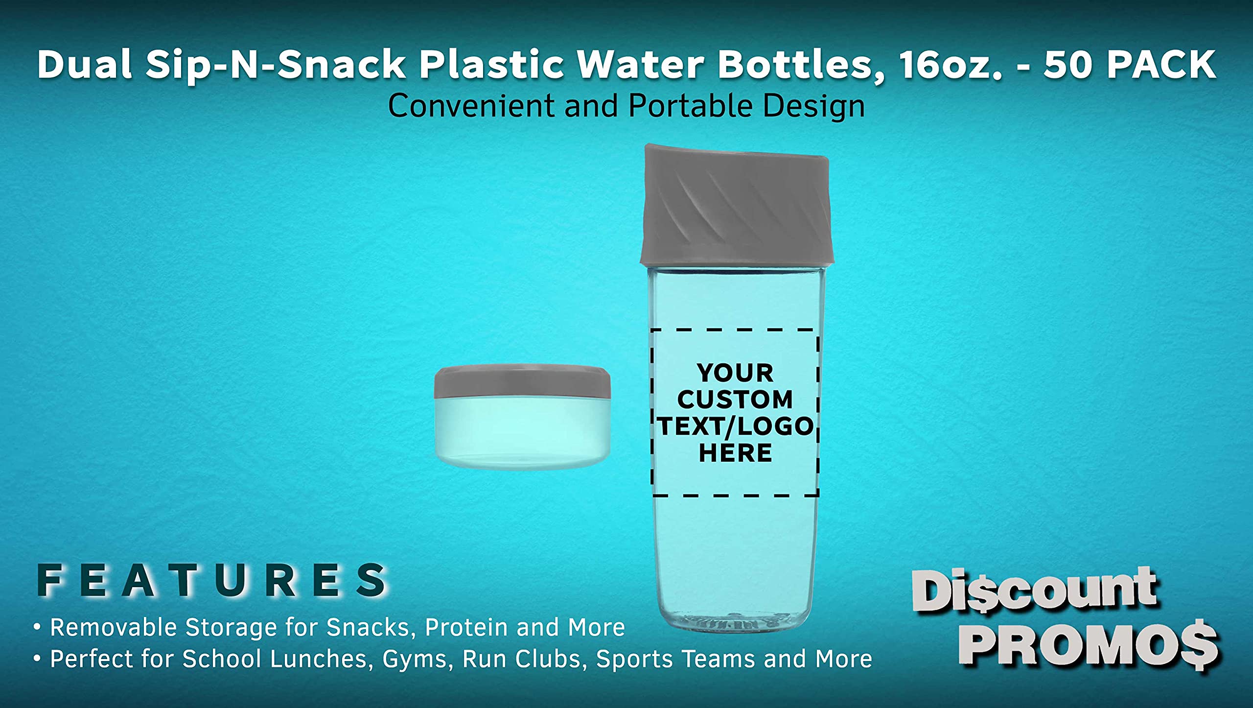50 Pack 16 oz BPA-Free Dual Sip-N-Snack Plastic Water Bottles with Screw-On Lid - Custom Text & Logo Printing - Perfect for Sports, Schools, and Corporate Events (Grey)
