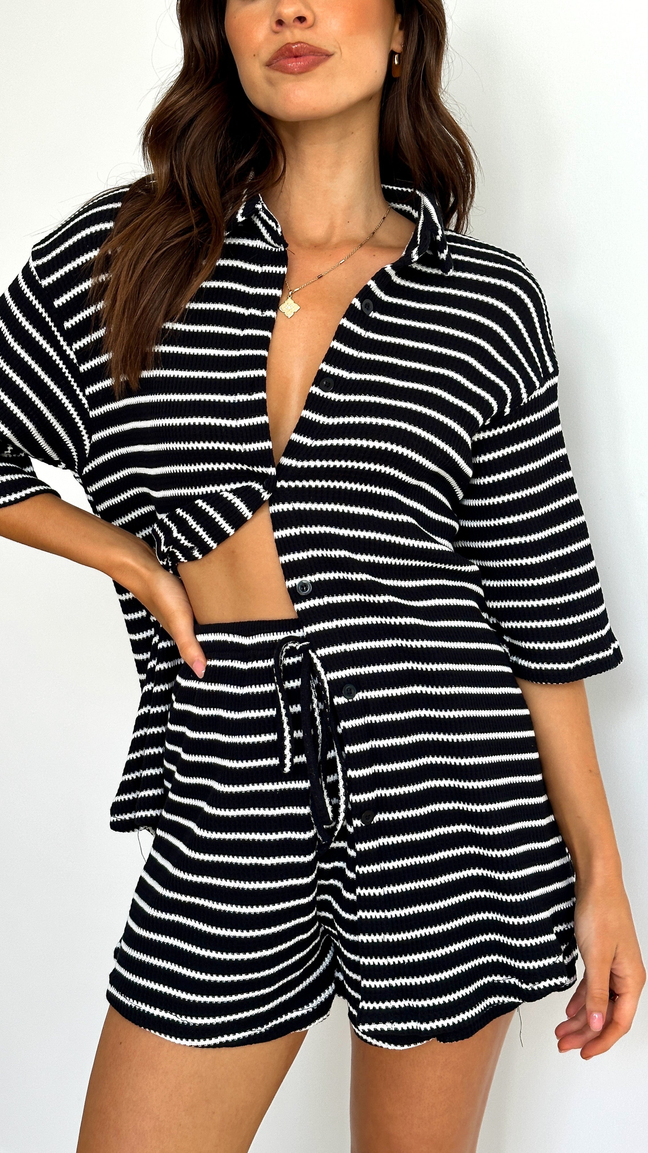 Lacole Button Up Shirt and Shorts Set for Women - Black & White Striped Casual Outfit - Perfect for Summer, Beach, and Vacation Wear