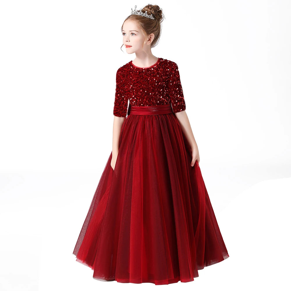 Sparkly Sequin Tulle Long Gown for Girls with Half Sleeves – Elegant Party, Pageant, or Wedding Dress for Special Occasions | Perfect for Birthday Celebrations, Dance Performances & Formal Events
