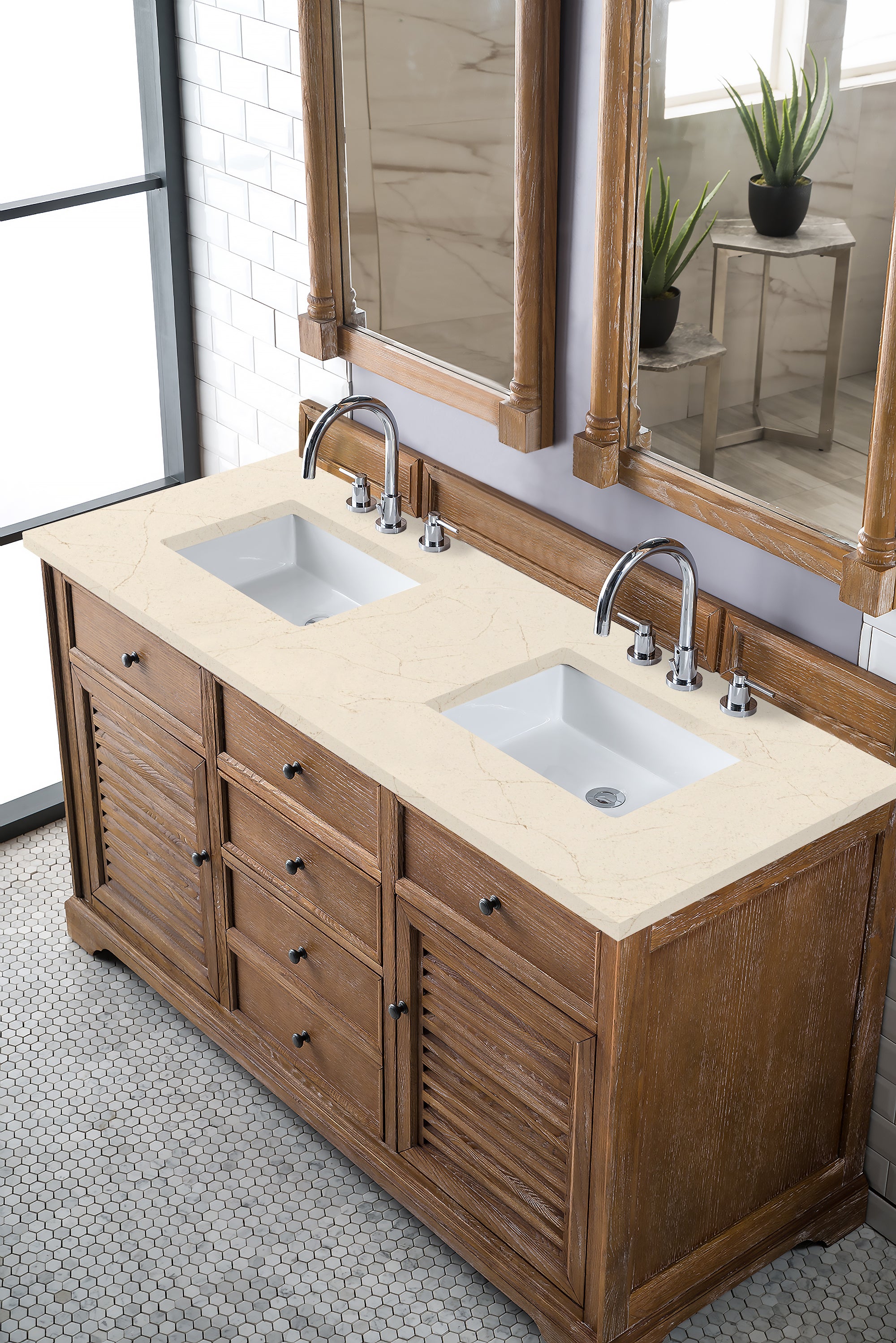 Savannah 60-Inch Double Vanity Cabinet in Driftwood Finish with 3CM Eternal Marfil Quartz Top - Perfect for Master Bathroom Renovation & Luxury Home Upgrade