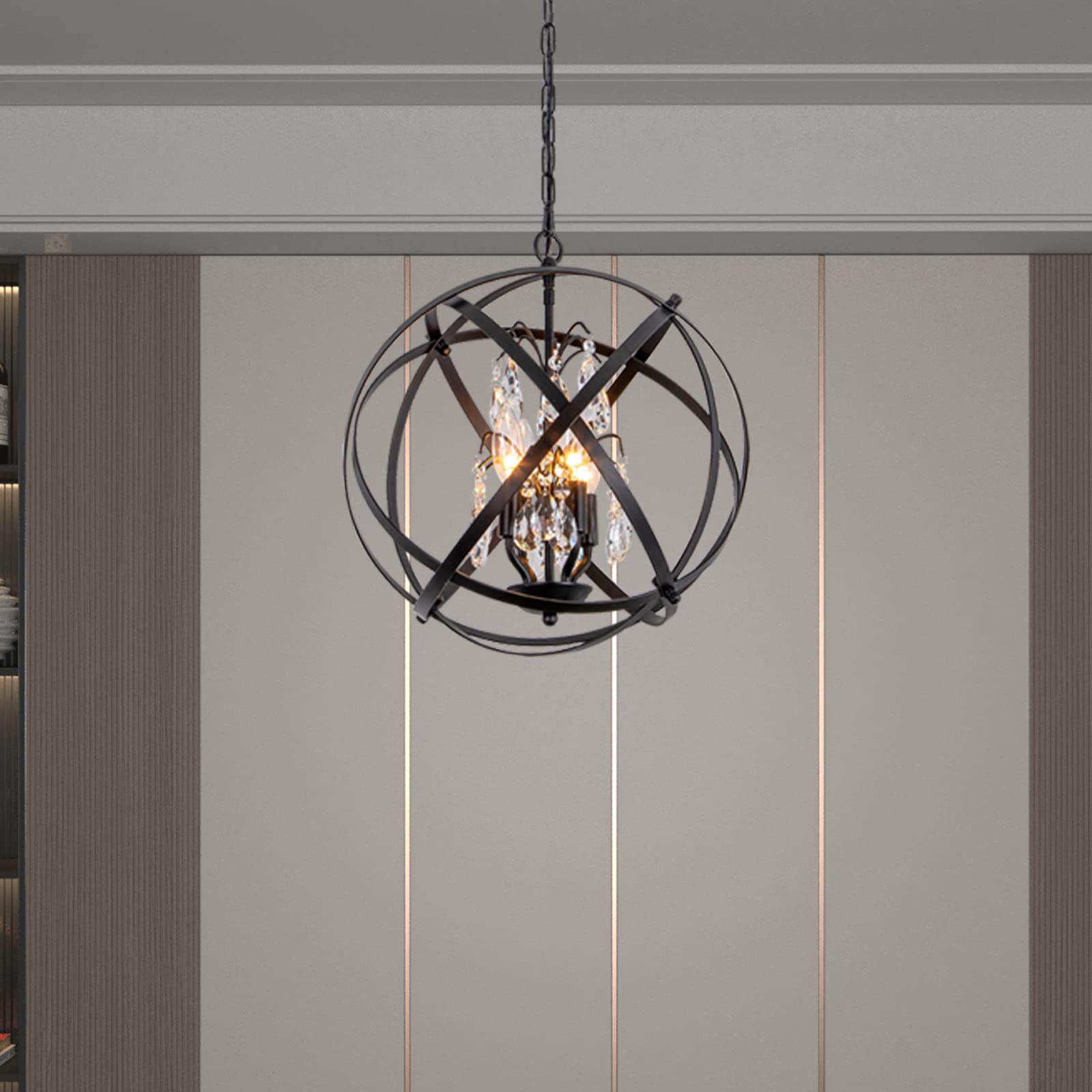 Maxax 4-Light Modern Farmhouse Chandelier - Adjustable Black Metal Cage Pendant Light with Crystal Globe Shades for Kitchen, Dining Room, Living Room, Entryway | Perfect for Rustic, Industrial & Contemporary Home Decor