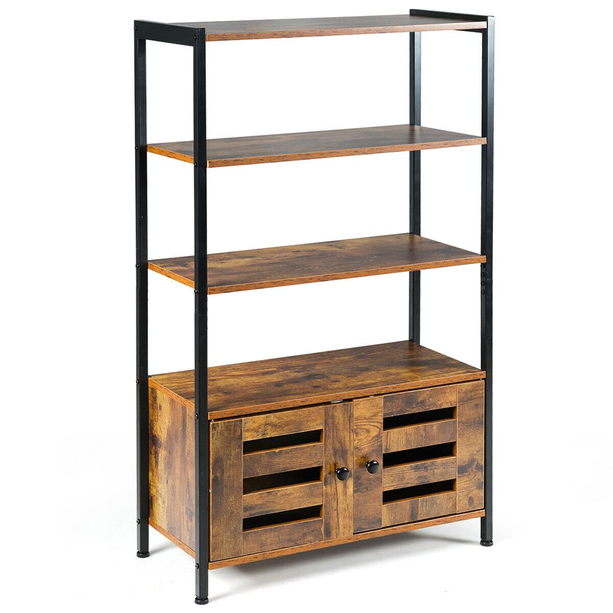 LHONE 4-Tier Industrial Storage Shelf - Wood & Metal Bookcase with Cabinet, Freestanding Storage Rack for Living Room, Kitchen, Bedroom - Rustic Brown | Perfect for Home Organization, Office Supplies & Garage Storage