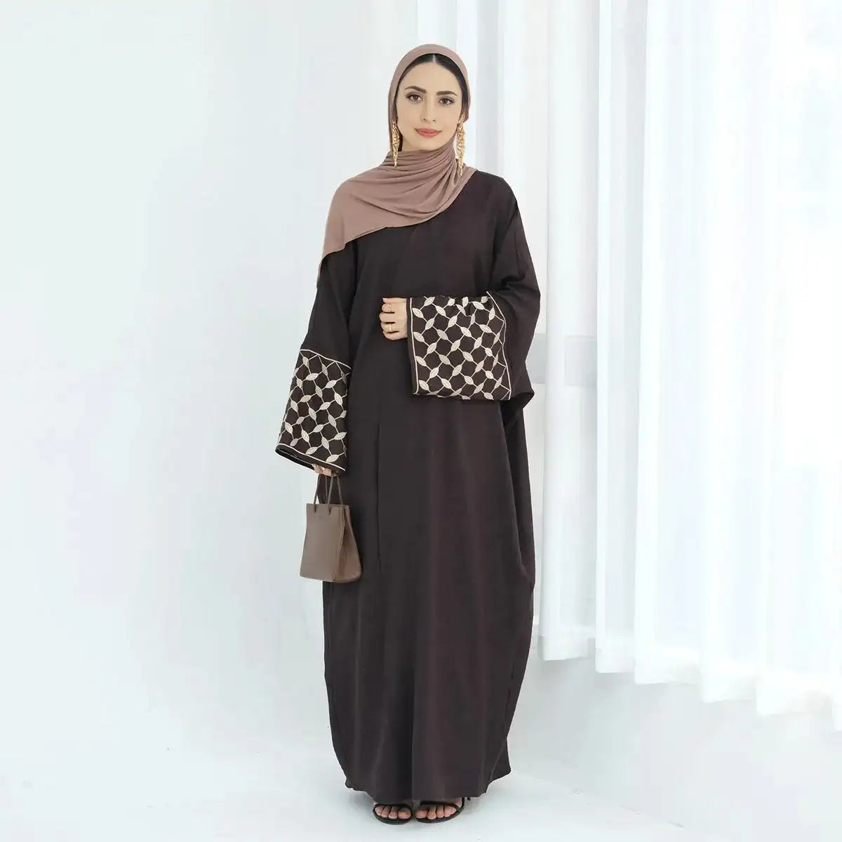 Elegant Embroidered Keffiyeh Sleeve Wrinkle Cardigan Open Abaya Dress for Women - Boho Chic Loungewear & Modest Fashion Outfit
