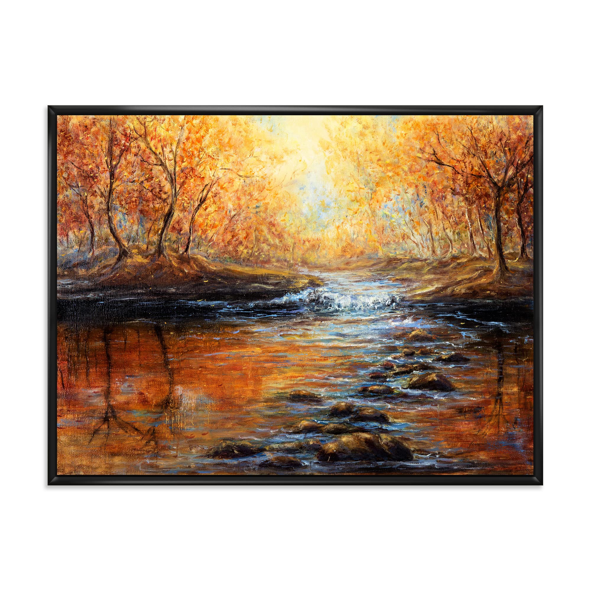 DesignQ Autumn Forest Morning Light - Framed Canvas Wall Art Print for Lake House Decor, Living Room, Bedroom & Office