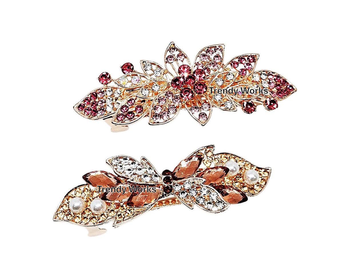 Trendy Rhinestone Metal Hair Clips for Women & Girls - 2 Pack Ponytail Barrettes Hair Accessories (8cm Length, Random Colors) - Perfect for Parties, Weddings & Everyday Styling