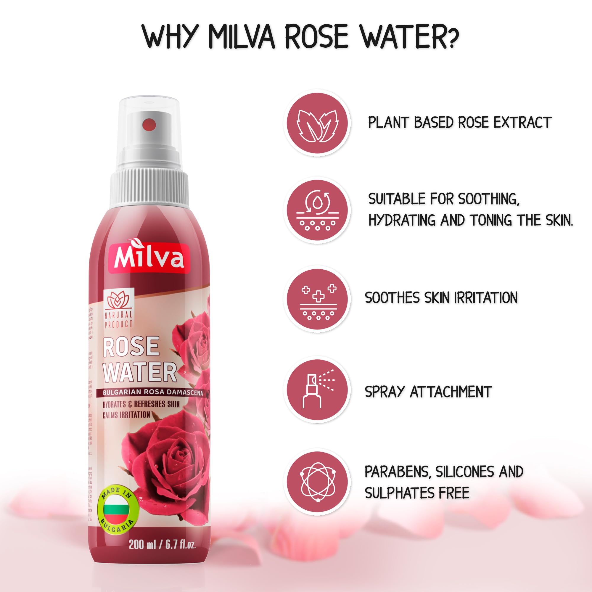 Milva Rose Water Facial Mist with Bulgarian Rose Oil - Alcohol-Free Hydrating Toner & Makeup Remover - Pure Rosewater Spray for Face, Hair & Body Care (200ml) - Perfect for Dry Skin Refreshment & Post-Workout Hydration