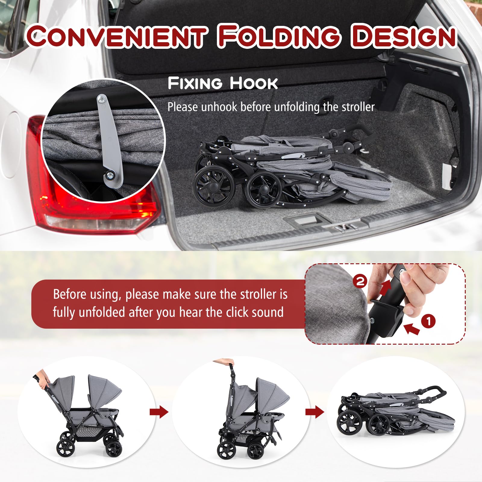 HONEY JOY Double Stroller - Lightweight Foldable Tandem Twin Stroller for Newborns & Toddlers with 5-Point Safety Harness, Reclining Seats & Storage Basket | Perfect for Twins, Siblings or Daycare Use (Gray)