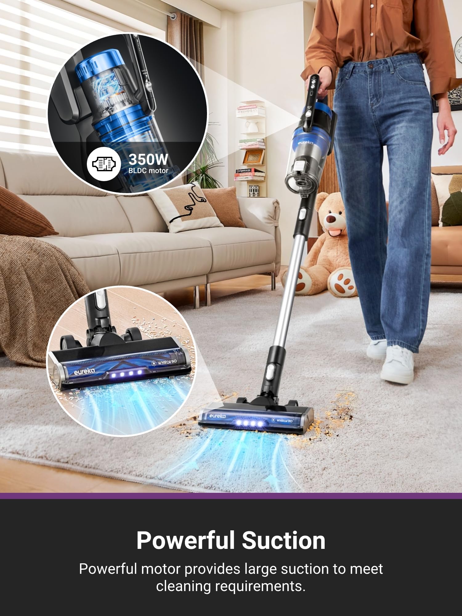 Eureka NEC490BL Cordless Stick Vacuum Cleaner - Lightweight, Rechargeable for Hardwood Floors & Pet Hair - Blue with Clean Station - Perfect for Home, Apartment & Pet Owners