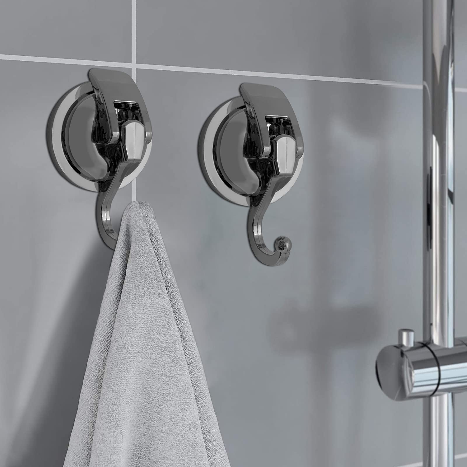 Heavy Duty Shower Suction Hooks - 2 Pack Silver Grey Vacuum Suction Cups for Towels, Robes & Decor, No Drill Glass Hooks for Bathroom, Kitchen, Pool - Reusable Strong Adhesive Hooks for Home & Outdoor Use