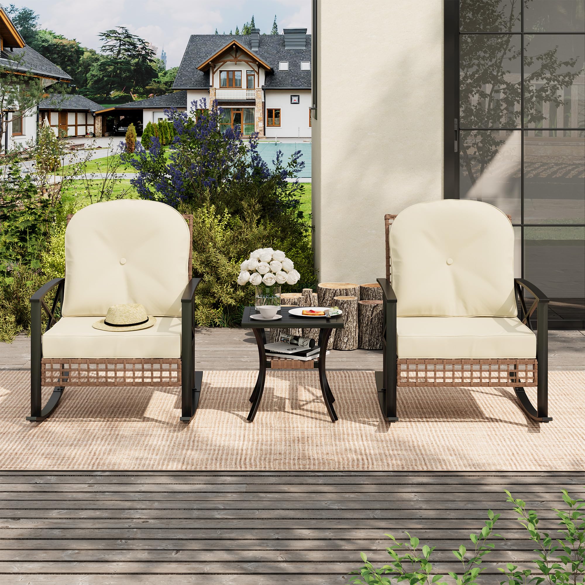 GARVEE 3-Piece Rattan Rocking Bistro Set - 2 Cushioned Rocker Chairs & 2-Tier Coffee Table - Outdoor Patio Furniture for Garden, Porch, Backyard - Perfect for Relaxing, Entertaining & Enjoying Morning Coffee