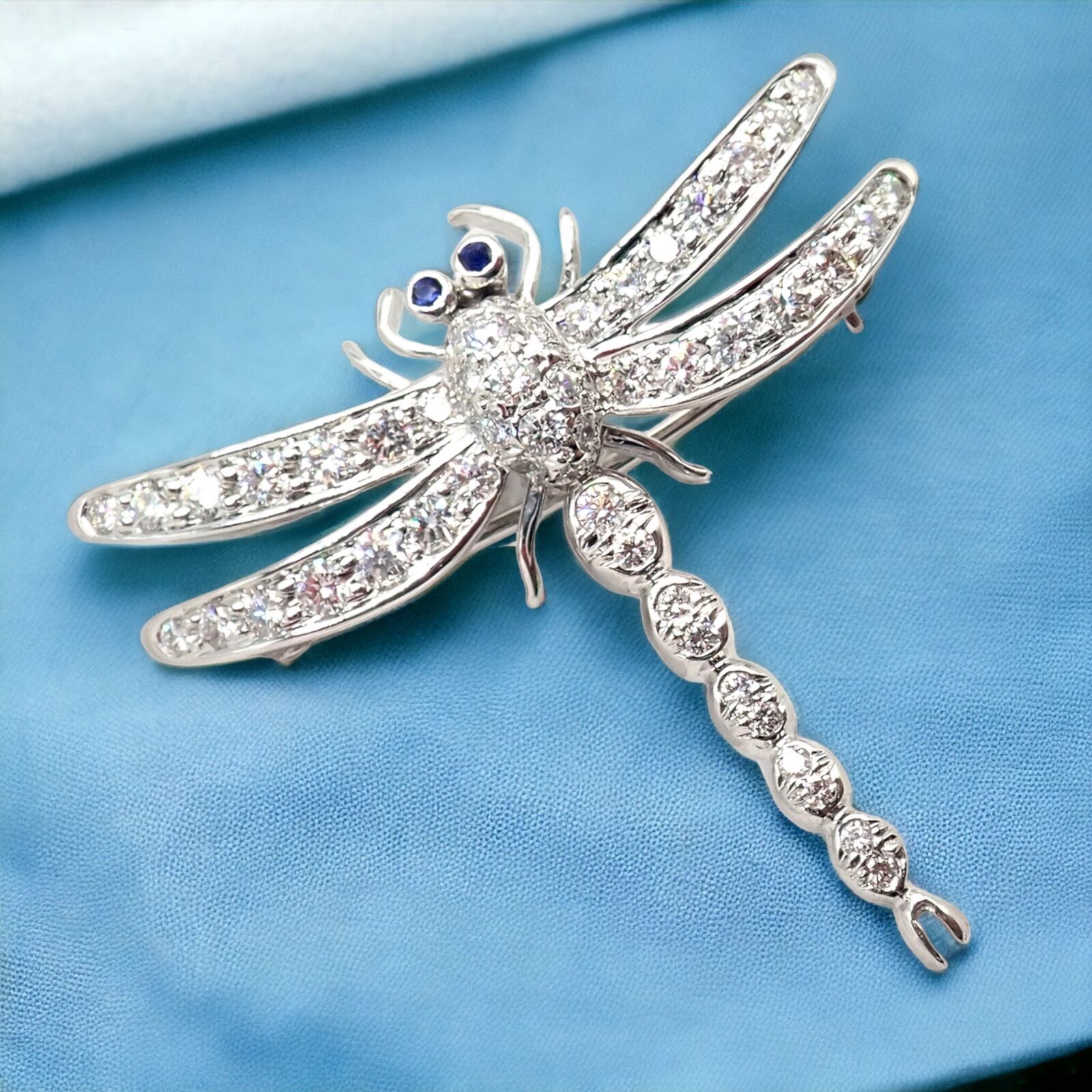 Authentic Tiffany & Co. Platinum Dragonfly Diamond Sapphire Brooch Pin - Elegant Jewelry for Women, Perfect Gift for Anniversaries & Special Occasions