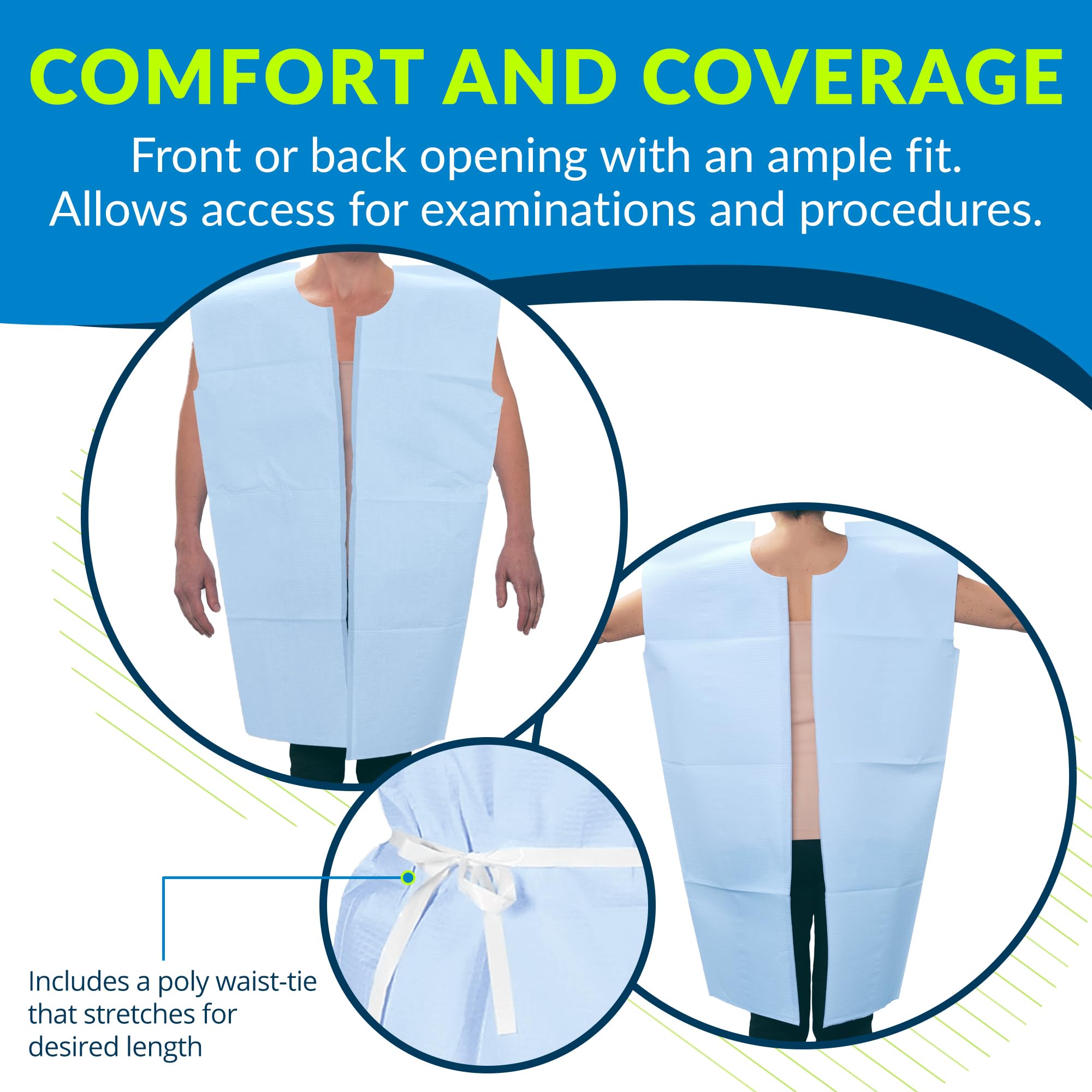 TIDI Choice Disposable Medical Gowns - Blue Open Back Exam Gowns (Pack of 50) - Latex-Free, Short Sleeve, Waist Tie - 30