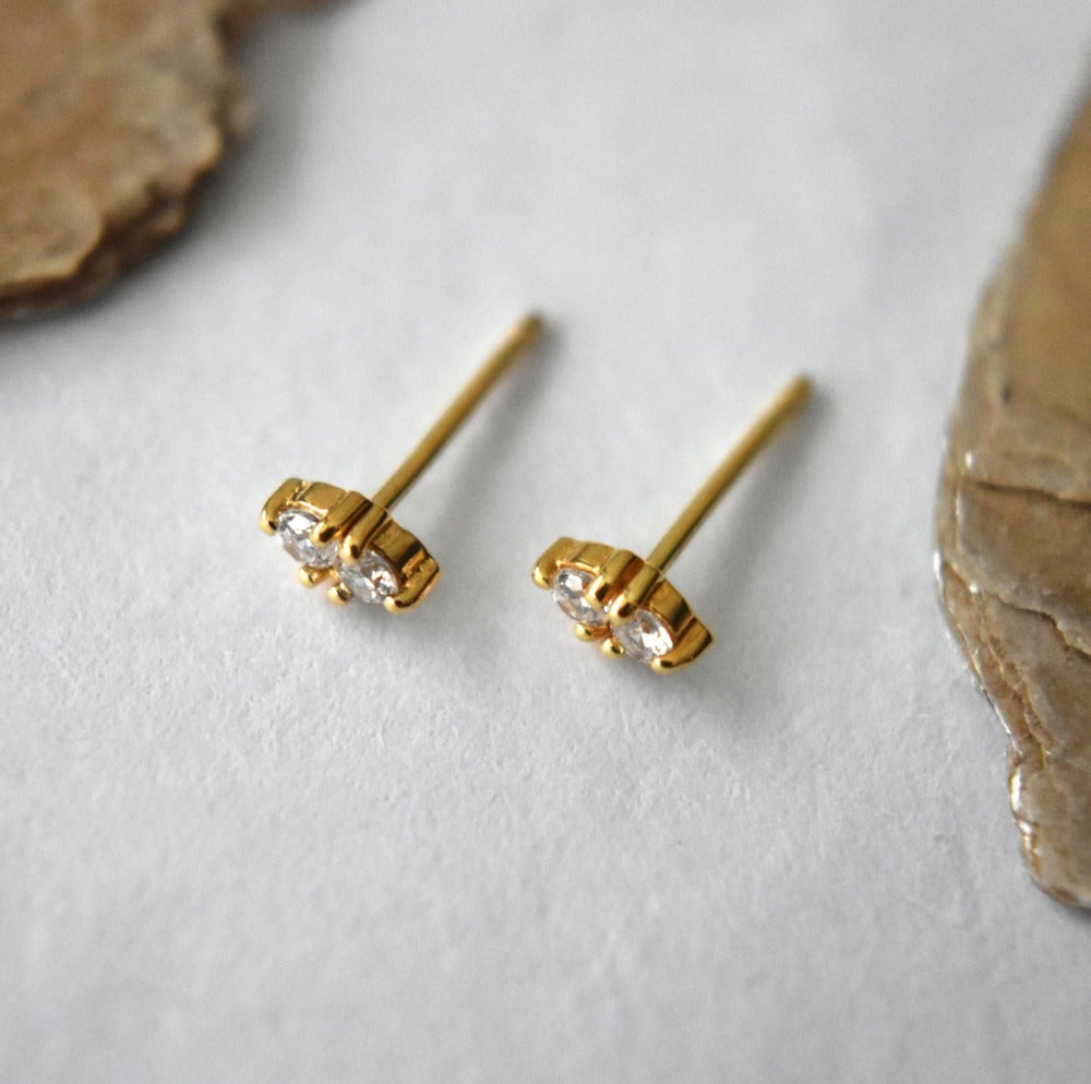 Double Tiny CZ Stud Earrings - 14K Gold Plated Cubic Zirconia Studs for Women | Perfect for Everyday Wear, Parties & Gifts
