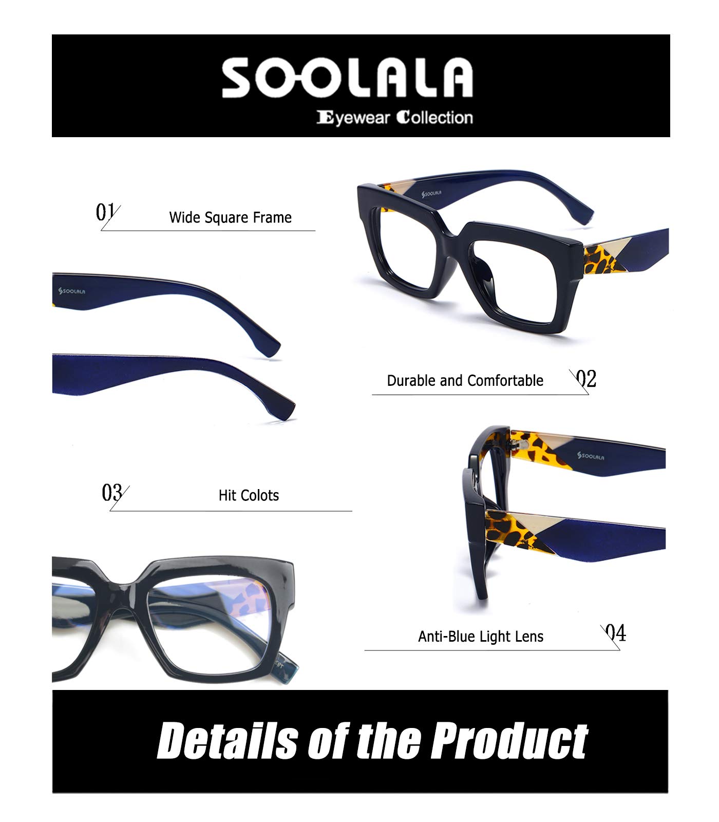 SOOLALA Blue Light Blocking Reading Glasses - Square Frame with Leopard Print Arms - Reduce Eye Strain for Computer Work & Reading