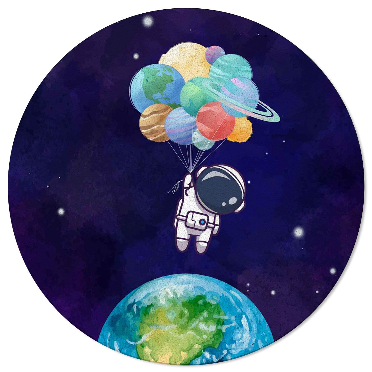 Savannan Non-Slip Round Area Rug - 6ft Diameter Space Watercolor Design with Astronaut & Planet Balloon, Perfect for Living Room, Kitchen, Porch & Kids Room | Soft Accent Floor Mat for Home Decor & Play Areas