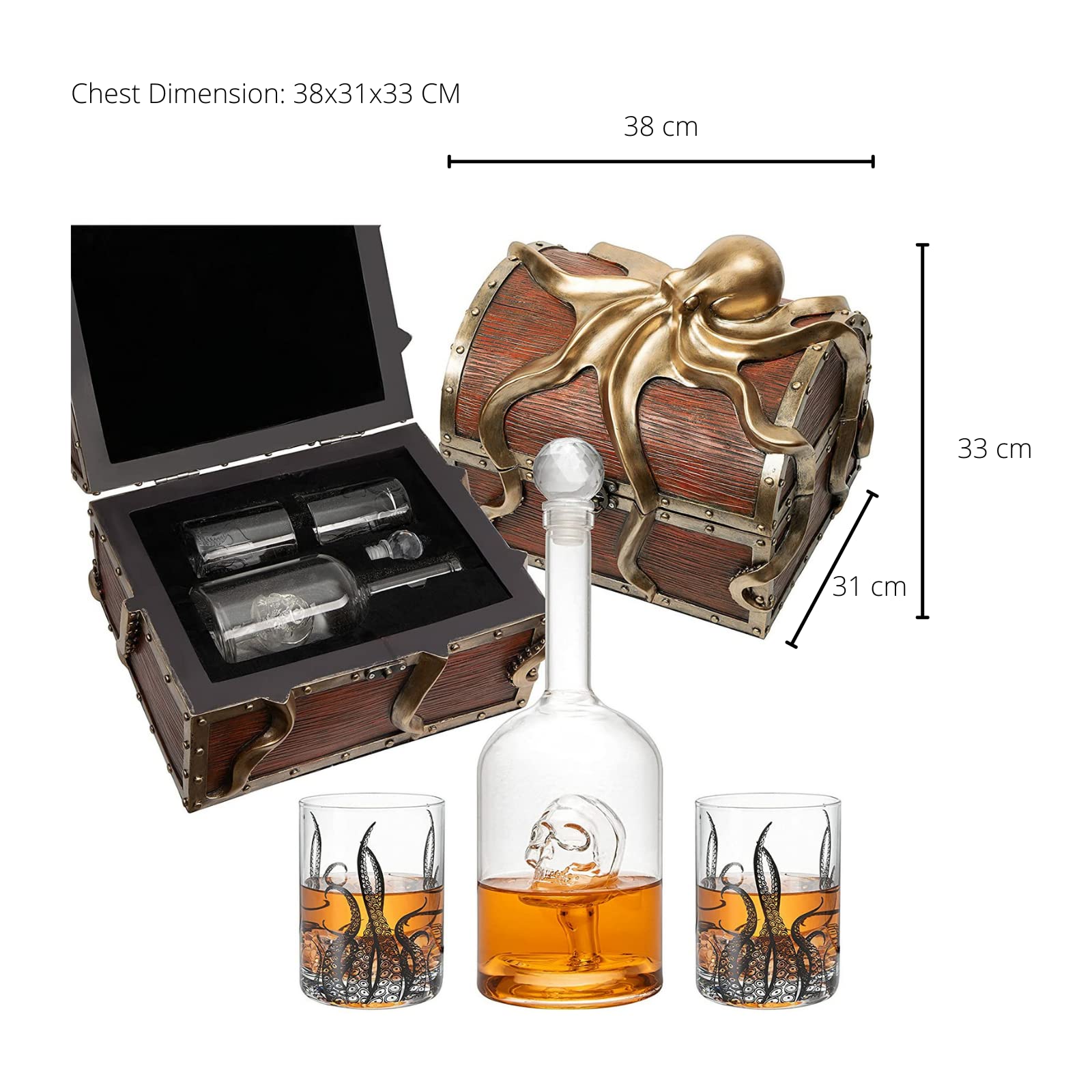 Premium Octopus Kraken Chest Wine & Whiskey Decanter Set with 2 Glasses - Exquisite Handcrafted Detail for Whiskey Lovers, Wine Enthusiasts & Nautical Decor - Perfect Holiday Gift for Sea-Themed Parties, Home Bars & Collector Displays