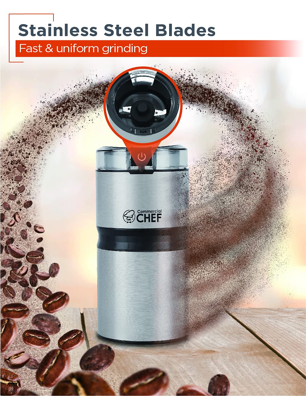 Premium Electric Coffee Grinder & Spice Grinder - Stainless Steel Blades for Coffee Beans, Nuts, Seeds, Herbs & Pepper - Brushed Stainless Steel with Clear Lid - Perfect for Home Kitchens & Coffee Shops