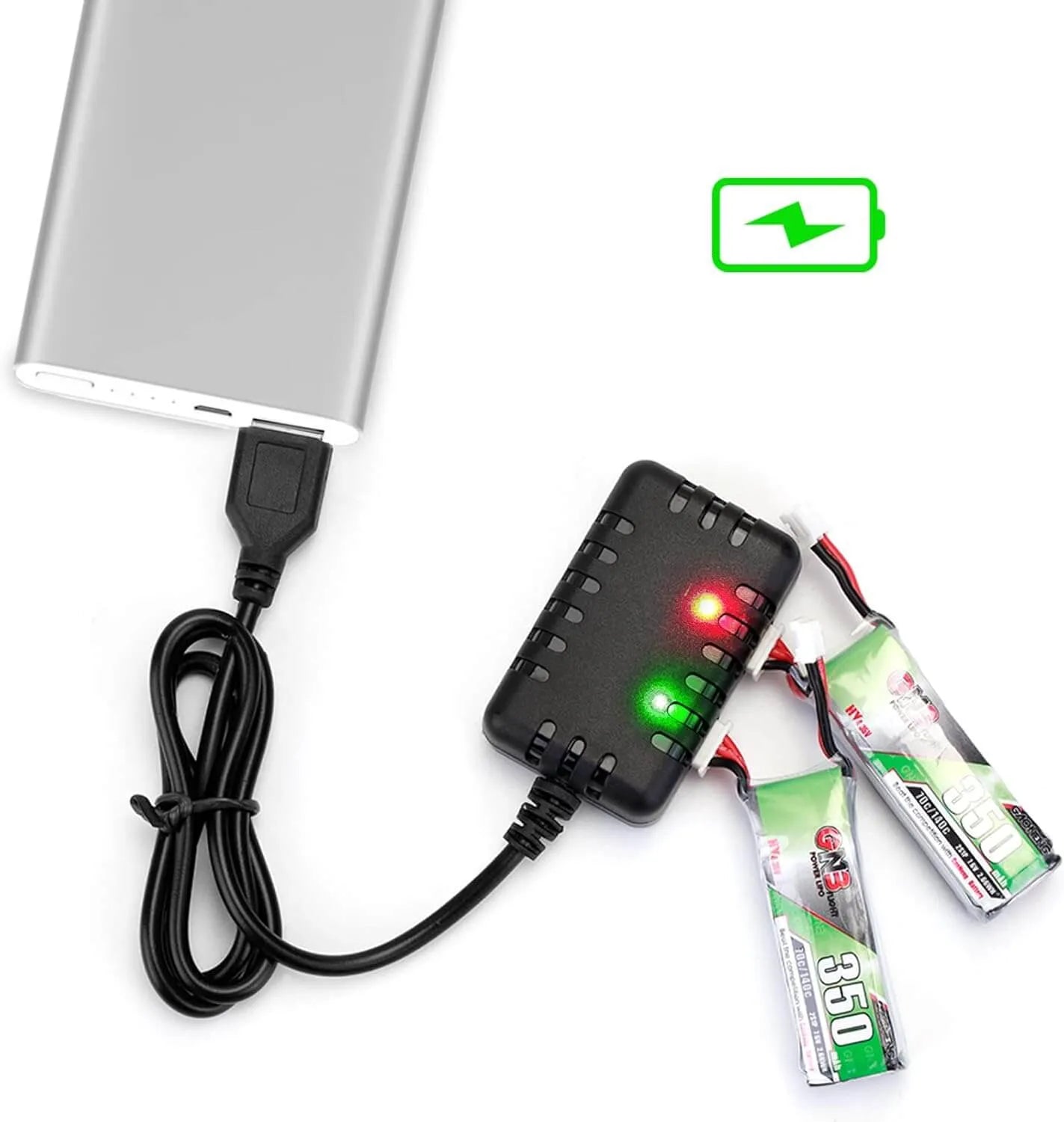 2-in-1 USB Balance Charger Cable 1A for 2S 7.4V LiPo Battery - Compatible with RC Cars, Drones, Boats - Fast Charging & Safe Protection for Hobbyist Remote Control Vehicles