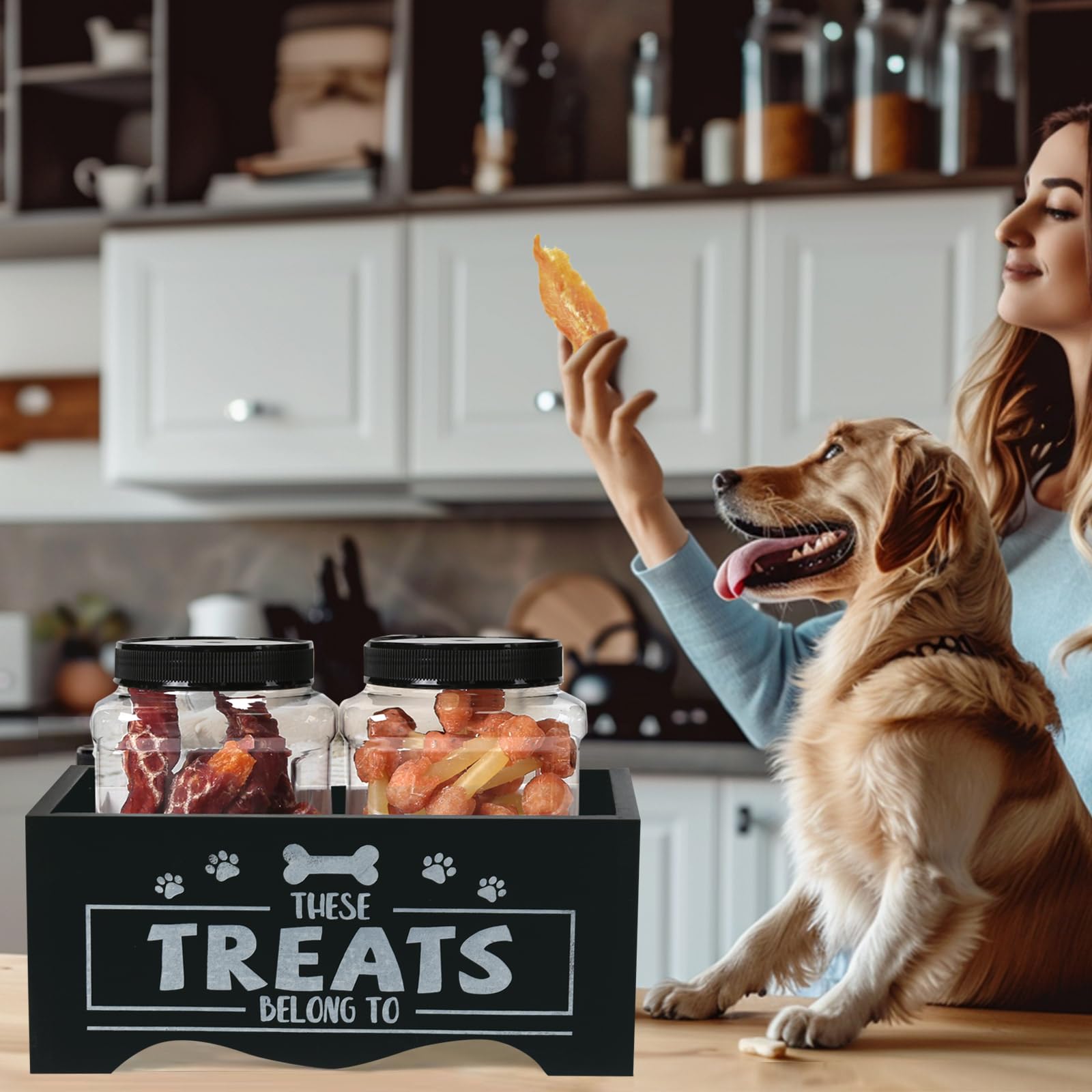 Premium Wooden Pet Treat Storage Container with 2 Airtight Jars - Dog & Cat Food Organizer for Kitchen Countertop - Perfect Gift for Pet Lovers (Black) - Ideal for Treat Storage, Feeding Time & Pet Care Organization