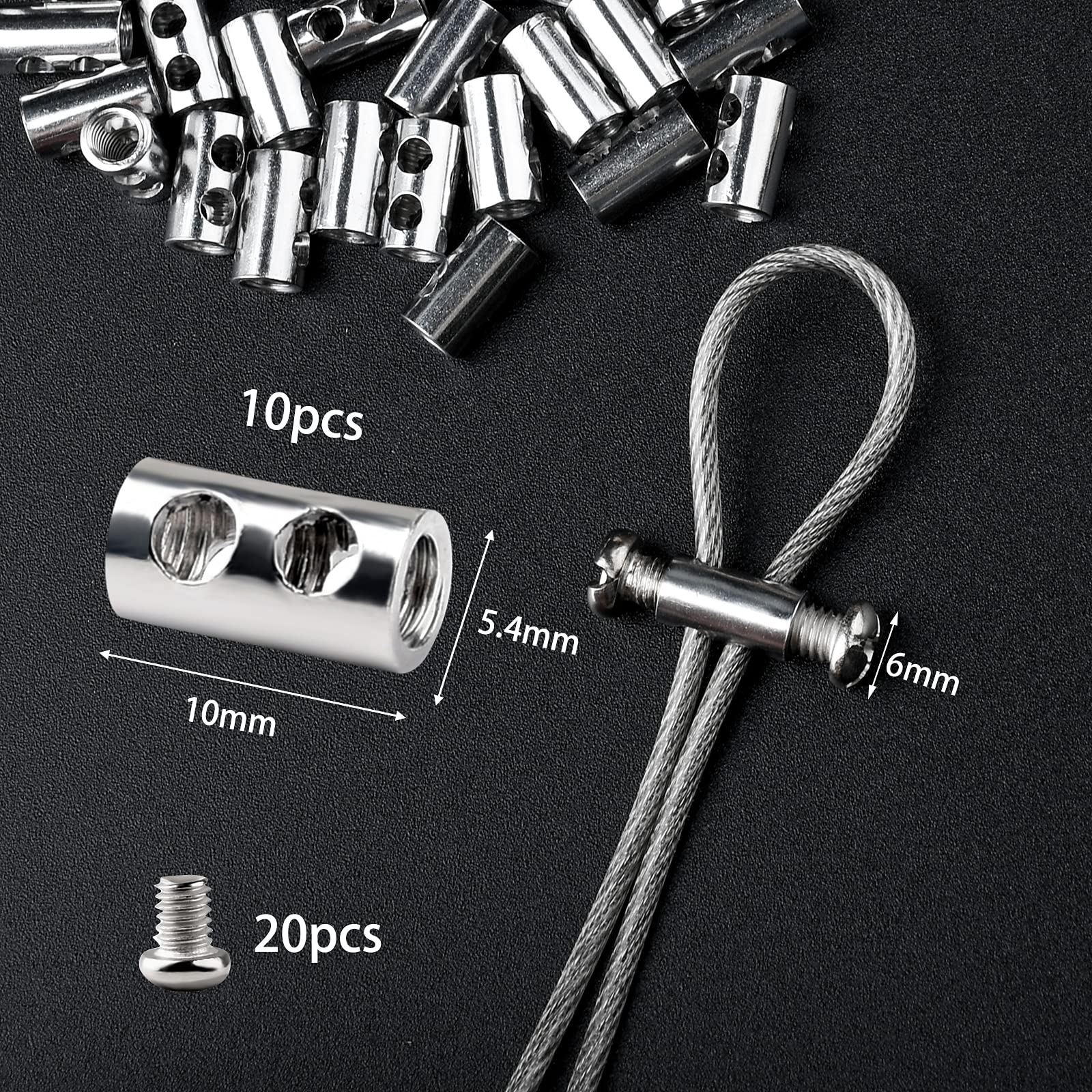 50PCS Adjustable Wire Rope Clips for 1-2mm Diameter Cables - Aluminum Crimping Loop Sleeves with End Screw Stopper & Screwdriver - Perfect for Marine, Construction, and DIY Projects