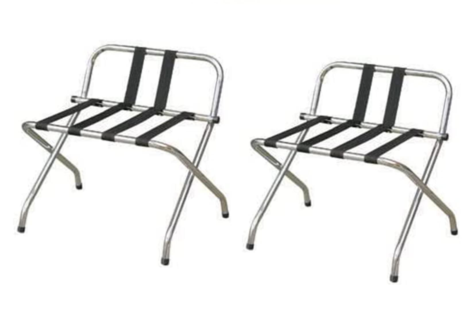 2 Pack Folding Chrome Stainless Steel Luggage Rack with Back - Space Saving Storage Organizer for Suitcases, Bags & Travel Gear in Bedroom, Closet or Hotel Room