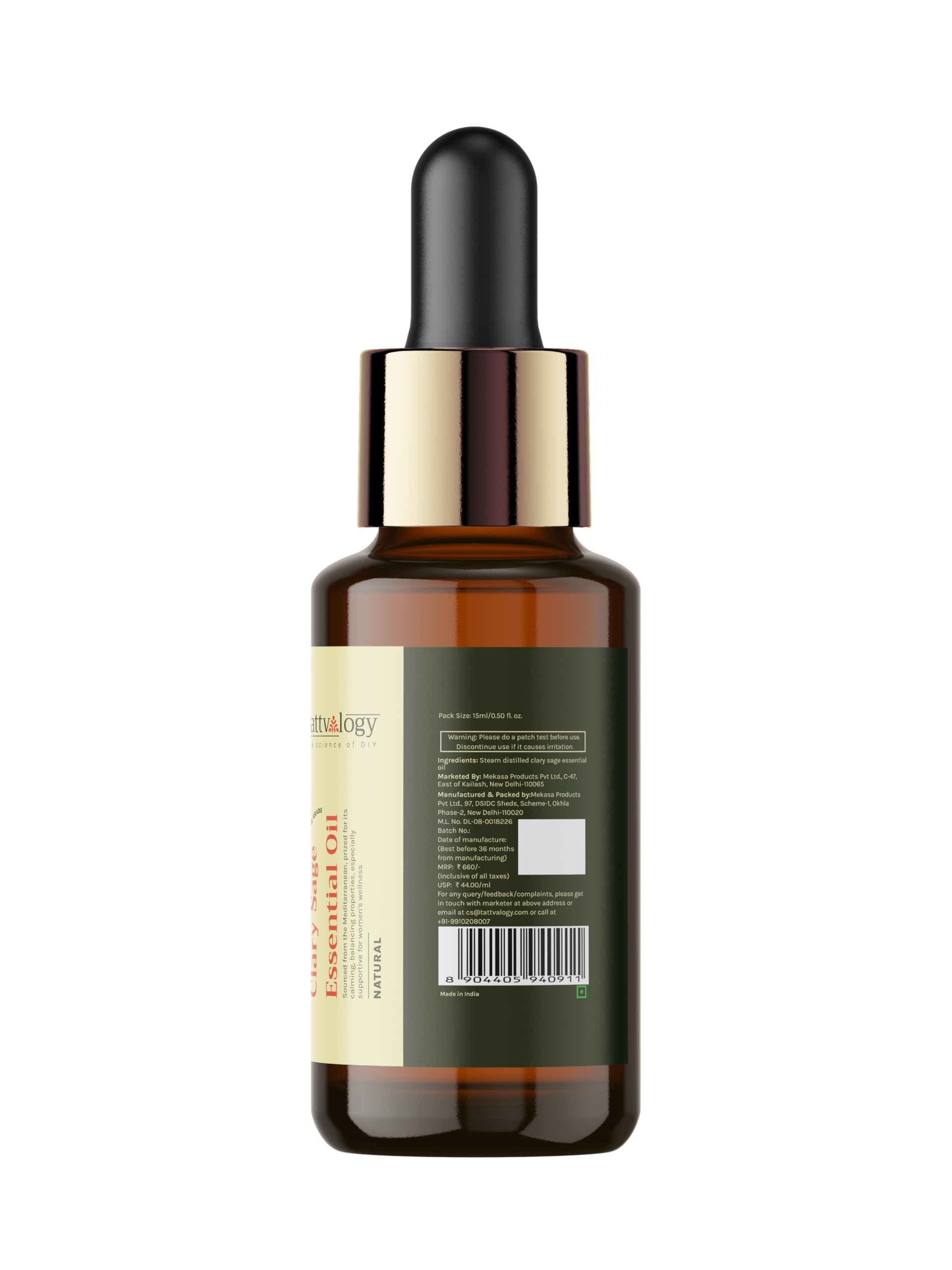 Tattvalogy 100% Pure Clary Sage Essential Oil (Salvia sclarea) - 15ml Therapeutic Grade Aromatherapy Oil for Stress Relief, Mood Balance & Healthy Skin | Relaxing Massage, Diffuser & Skincare Solution in Glass Bottle