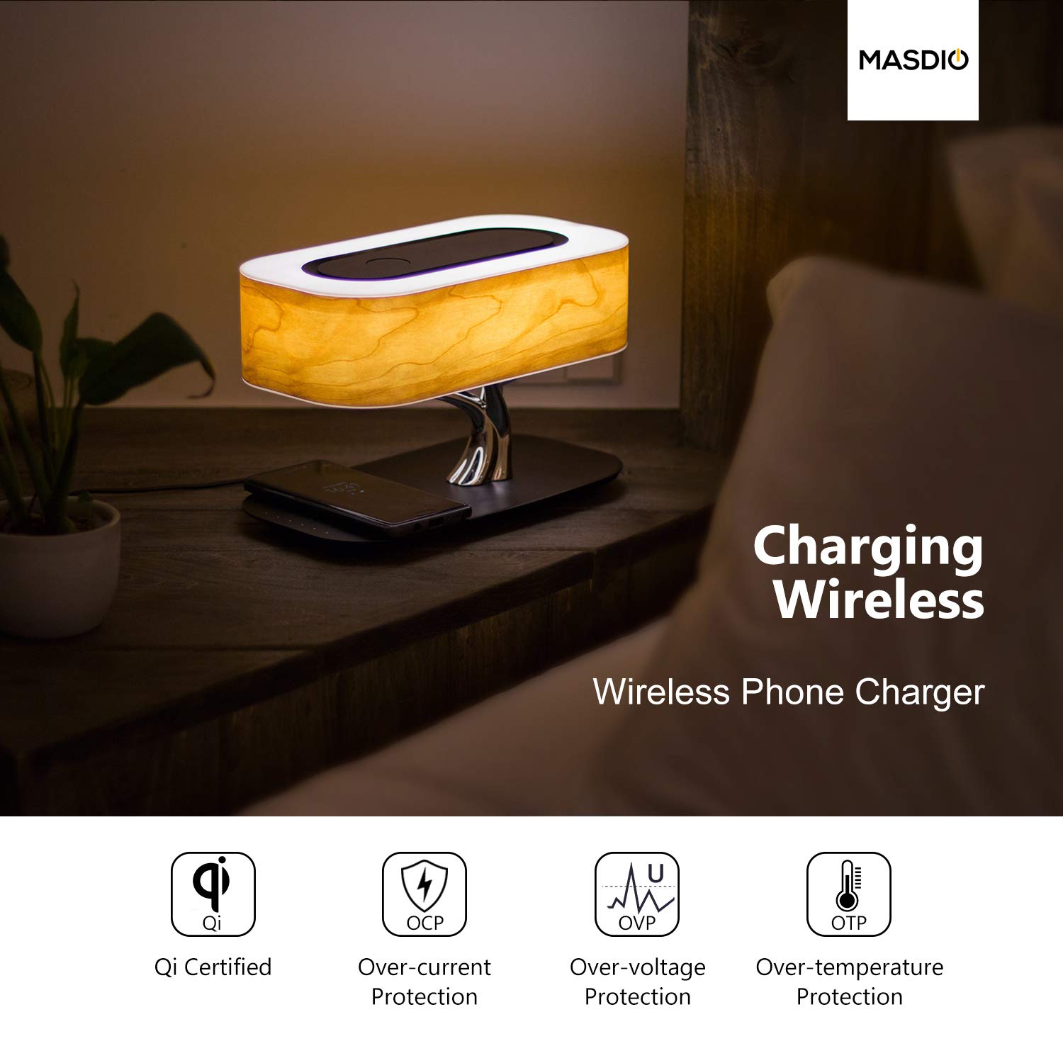 AMPULLA Masdio Bluetooth Speaker Bedside Lamp with Wireless Charger - Adjustable Dimmable Table Lamp for Bedroom, Desk, Nightstand - Sleep Mode & Stepless Dimming for Relaxation & Reading