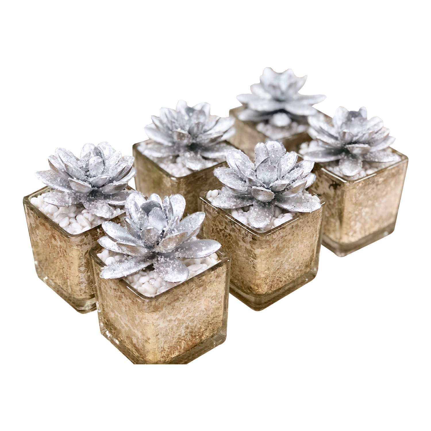 Angel Isabella Set of 6 Artificial Succulent Plants in Square Pots - Gold or Silver (Silver) | Home Office Desk Decor, Wedding Centerpiece, Housewarming Gift