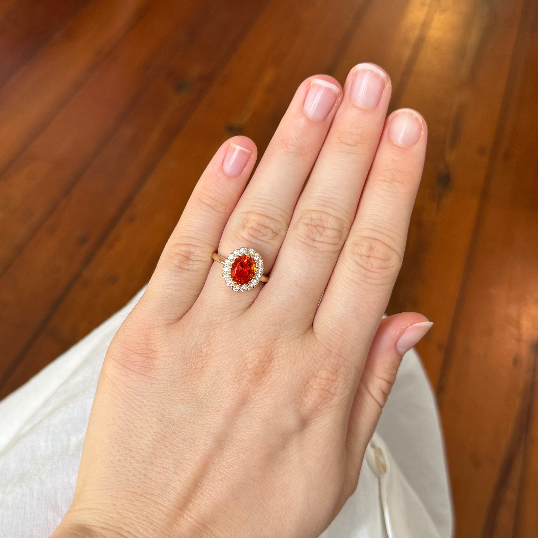 Exquisite 14K Yellow Gold Oval Mexican Fire Opal & Diamond Cluster Ring for Women | Elegant Jewelry Gift for Anniversary, Engagement & Special Occasions