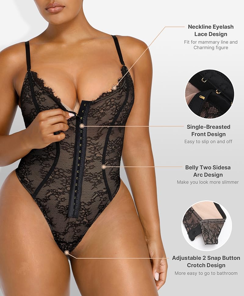 SHAPELLX Women's Lace Bodysuit - Tummy Control Shapewear, Backless One Piece Body Shaper with Thong | Slimming Underwear for Special Occasions & Date Nights
