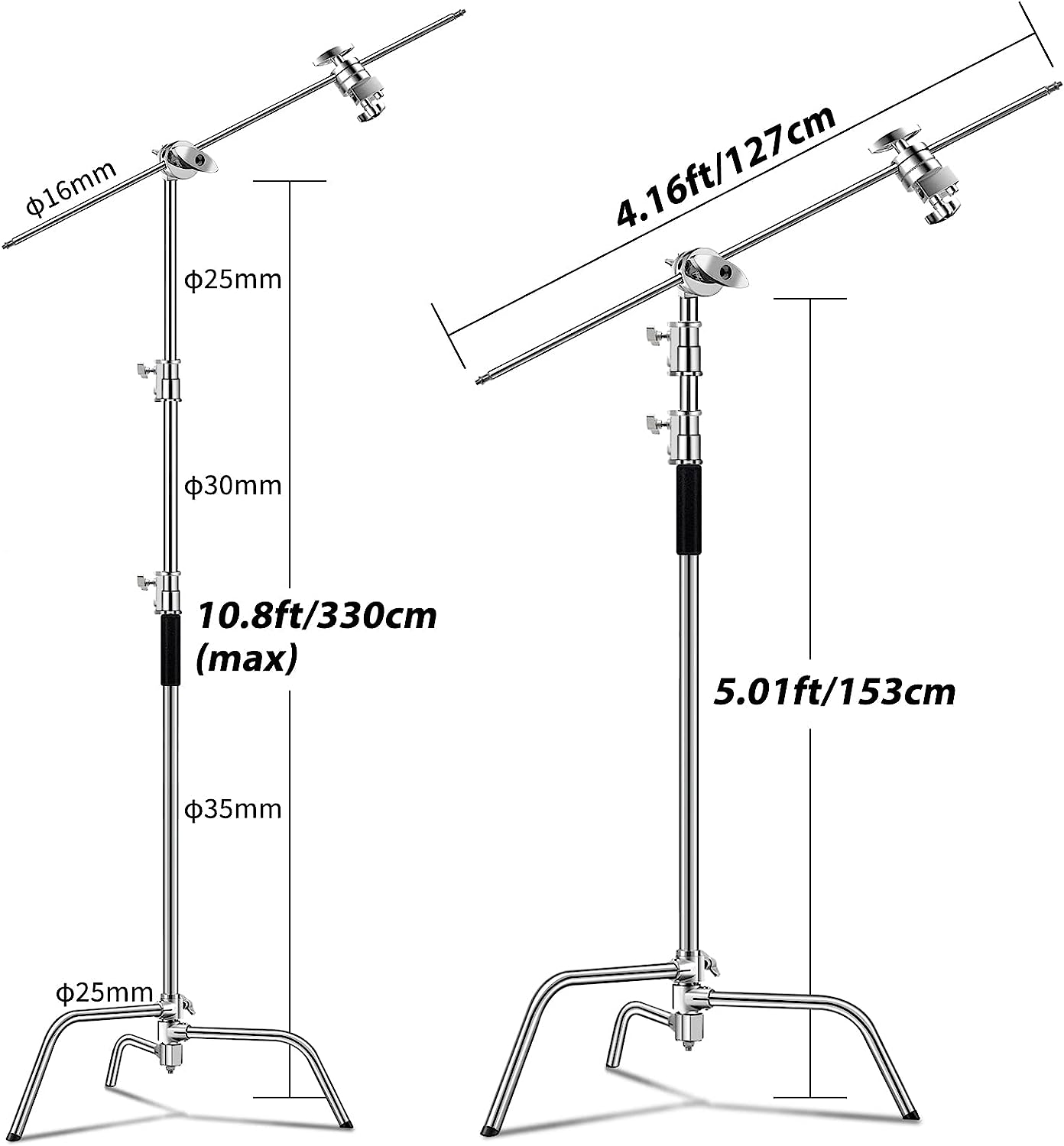 Professional C Stand with Boom Arm for Photography & Video - Heavy Duty Stainless Steel, Max Height 10.5ft/320cm, 4.2ft/128cm Holding Arm (CXJH01) - Perfect for Studio Lighting, YouTube Videos & Film Production