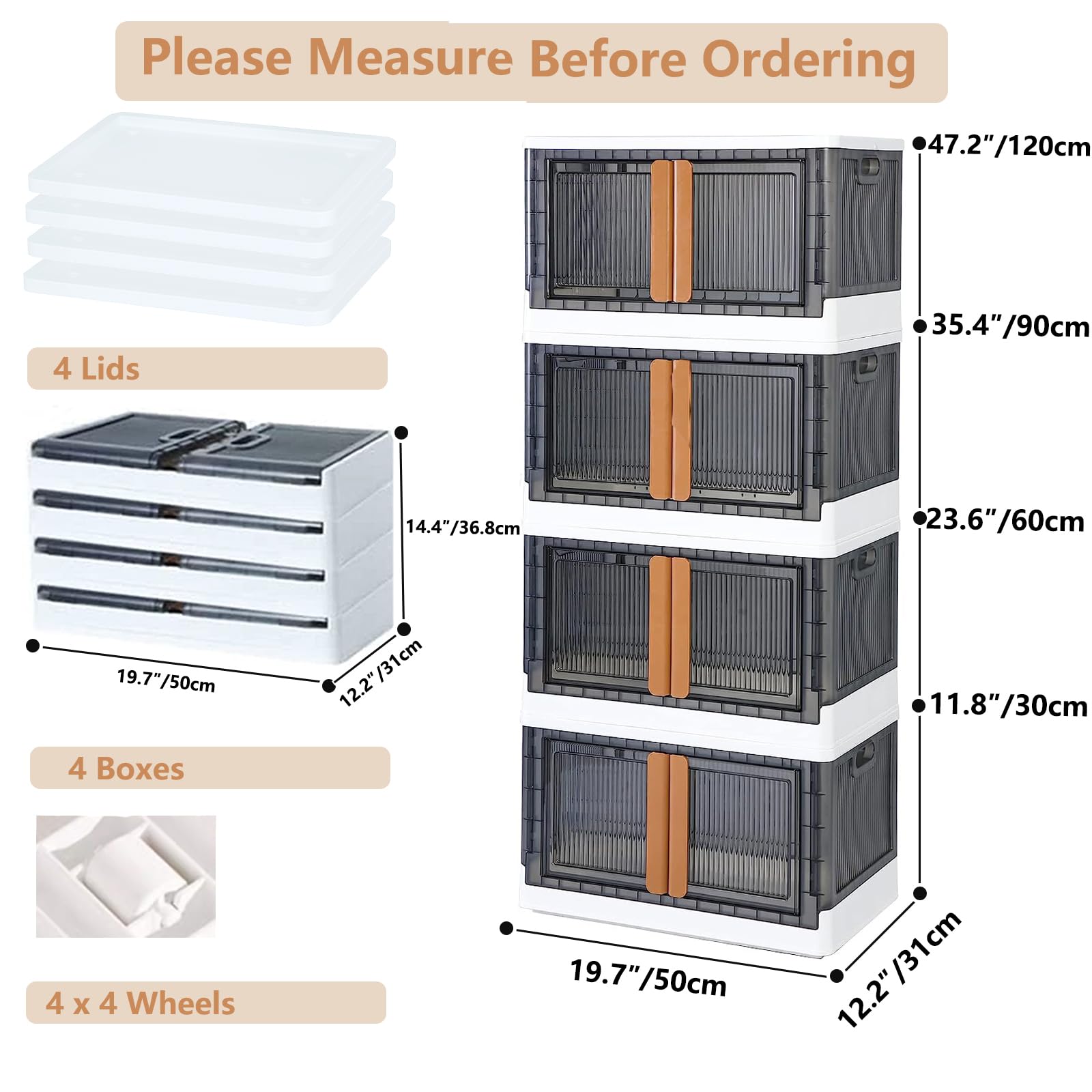 8.5 Gallon Plastic Storage Bins with Lids - 4 Pack Stackable Organizing Bins with Wheels & Front Door for Closet, Home & Office Organization - Perfect for Toys, Clothes, Seasonal Decor Storage