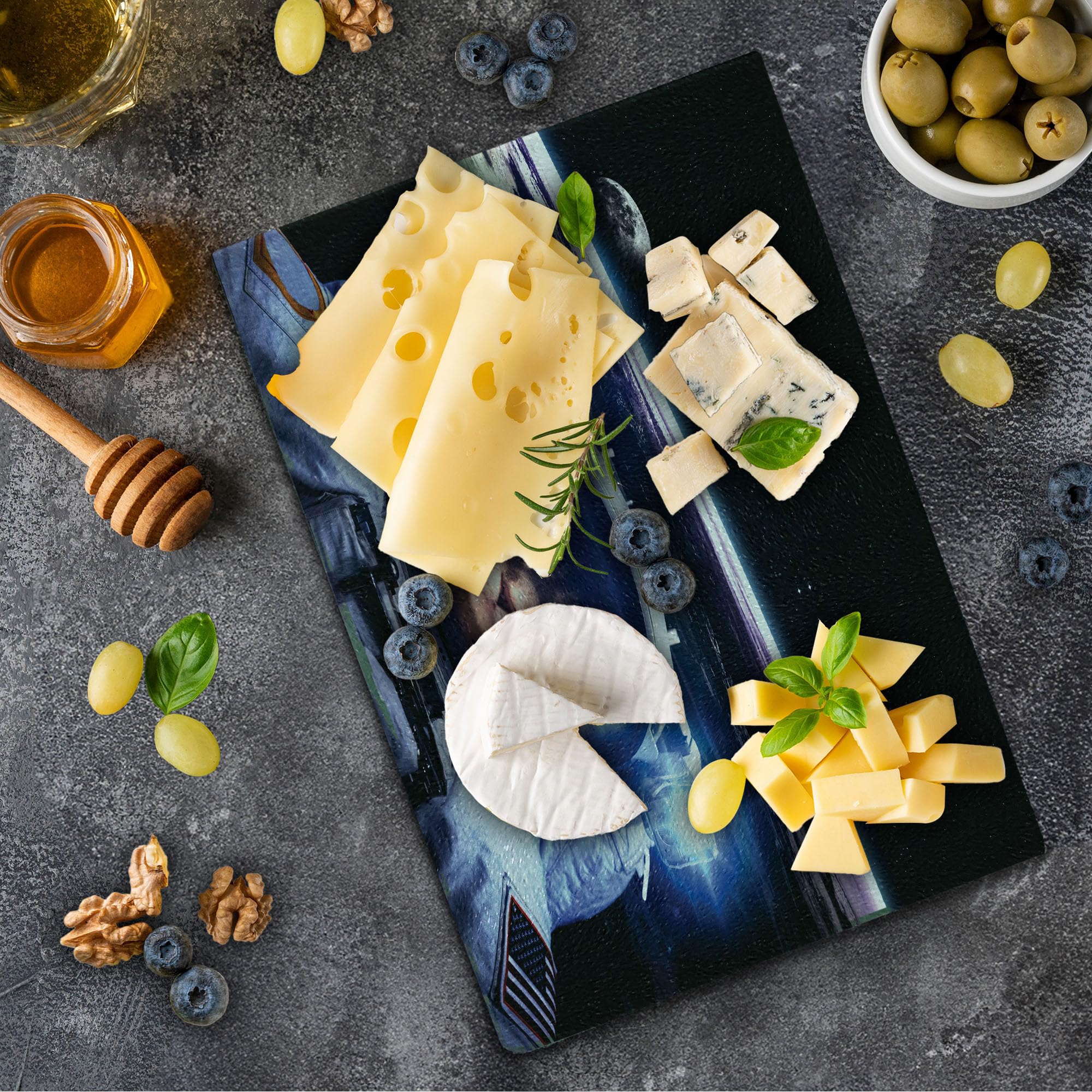 Ambesonne Cat Cutting Board - Funny Astronaut Cat in Space Explorer Design, Tempered Glass Serving Board for Kitchen - Small Size Blue & White - Perfect for Food Prep, Cheese Serving & Home Decor