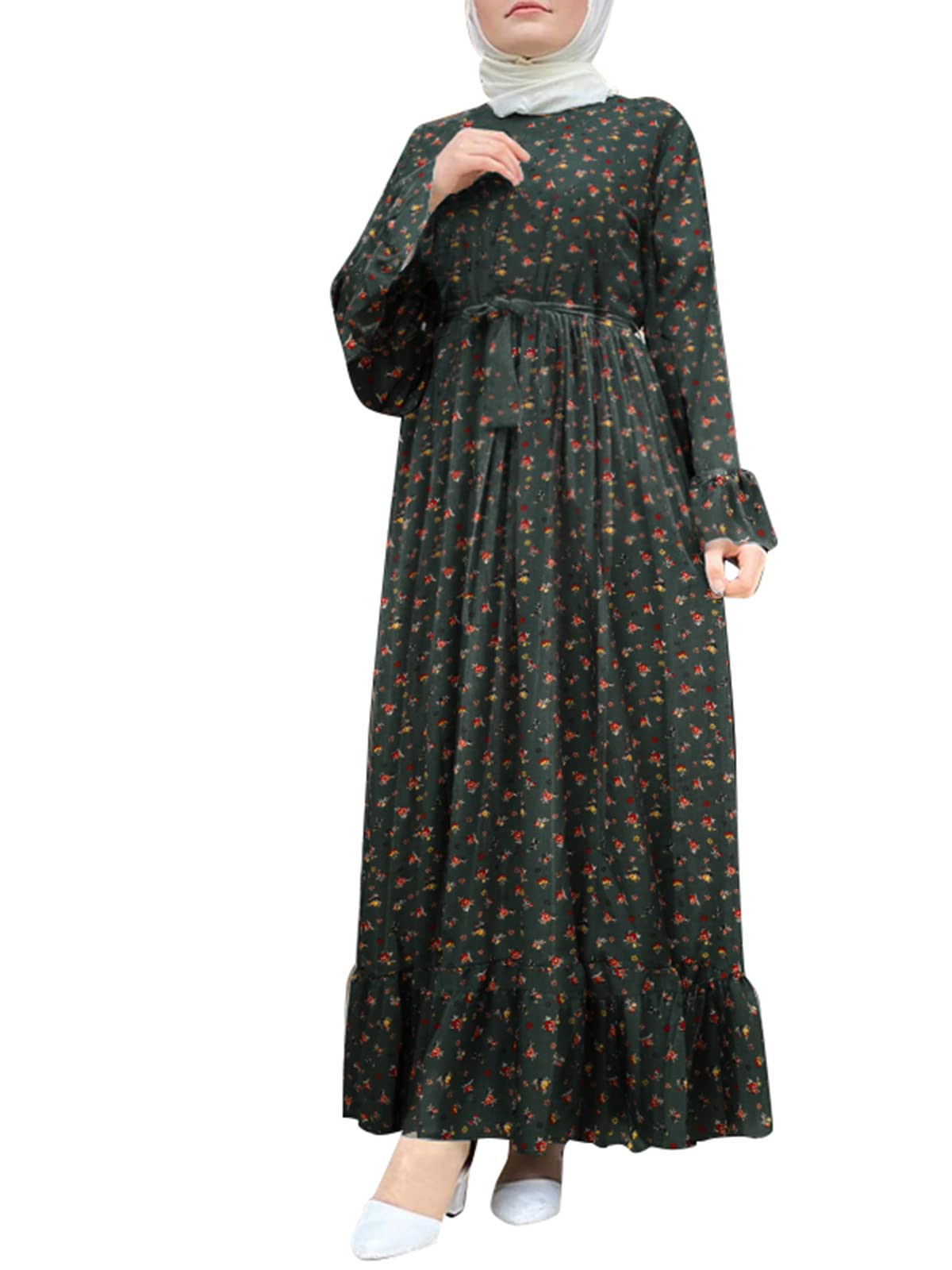 ZANZEA Muslim Women's Abaya Dress - Long Sleeve Islamic Maxi Dress with Round Neck & Floral Patchwork Design (Green, Medium) | Perfect for Prayer, Eid, Wedding & Special Occasions