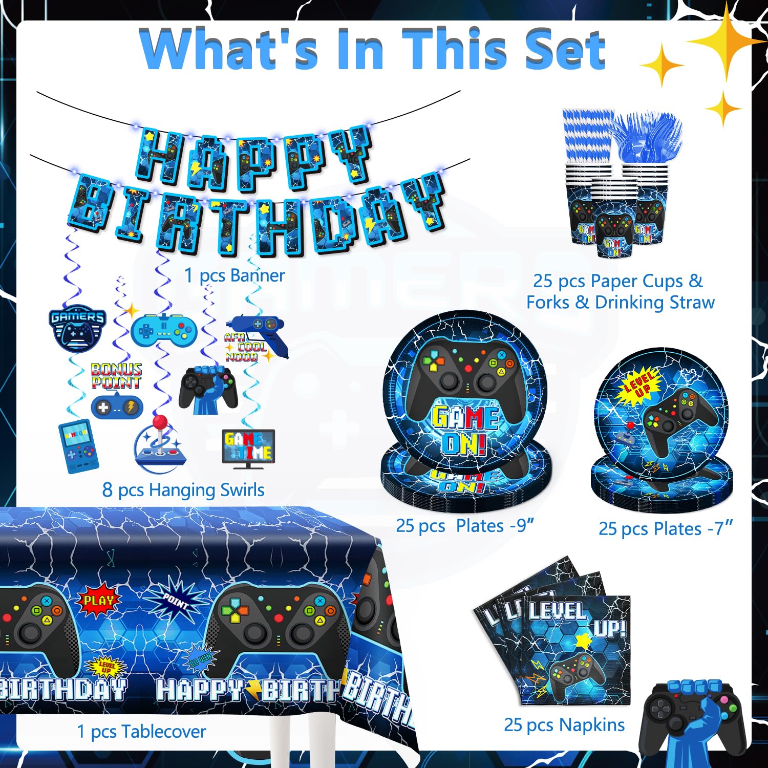 159-Piece Video Game Birthday Party Decorations Set - Includes Banner, Plates, Tablecloth & More - Gamer Themed Party Supplies for Boys - Serves 25 Guests - Blue - Perfect for Gaming Birthday Parties, Streamer Events & Esports Celebrations