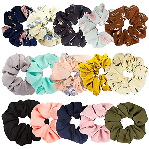 FAMEZA 15 Pcs Floral & Solid Color Silk Scrunchies for Women & Girls - Elegant Hair Ties with Bow & Chiffon Details - Bulk Pack for Daily Styling, Work, Parties & Gifts
