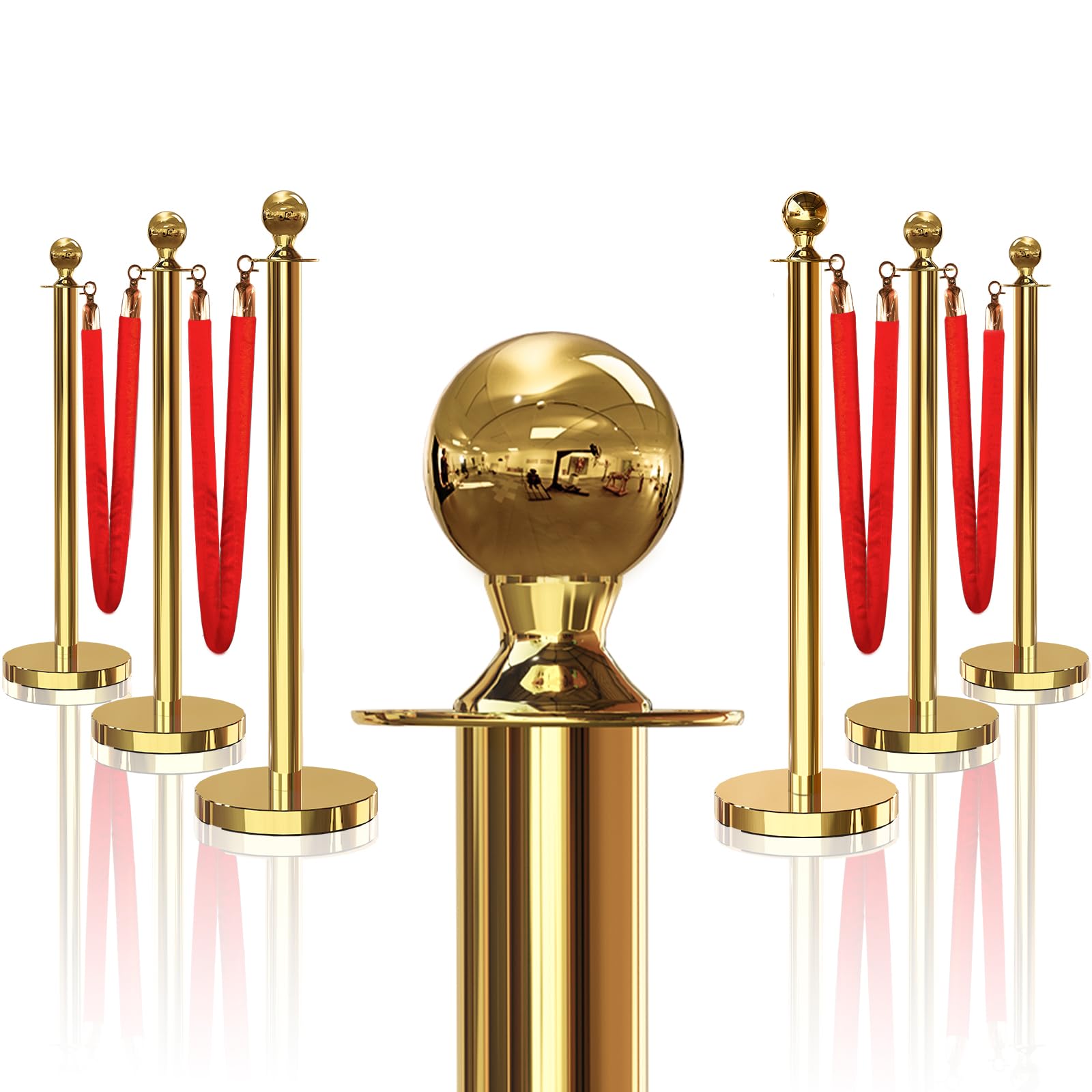 6-Piece Gold Stanchion Posts with 4-Piece 5 ft Red Velvet Rope - Premium Crowd Control Barrier Set for Events, Parties & VIP Areas | Red Carpet Poles for Weddings, Concerts & Corporate Functions