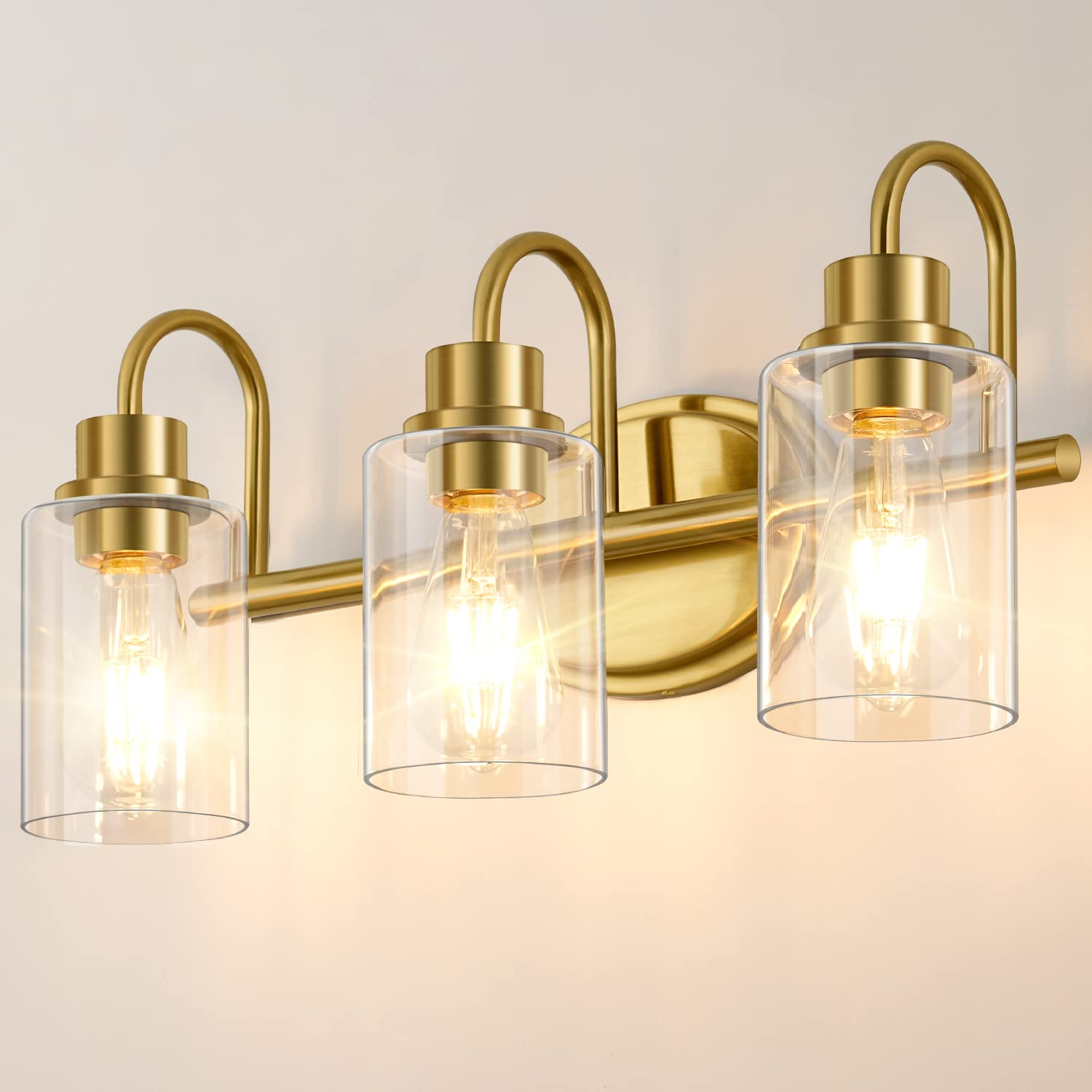 Haultop 3-Light Brushed Brass Vanity Light Fixture - Modern Gold Bathroom Lighting with Clear Glass Shades - Perfect for Bathroom Mirrors, Vanity Areas & Kitchen Countertops