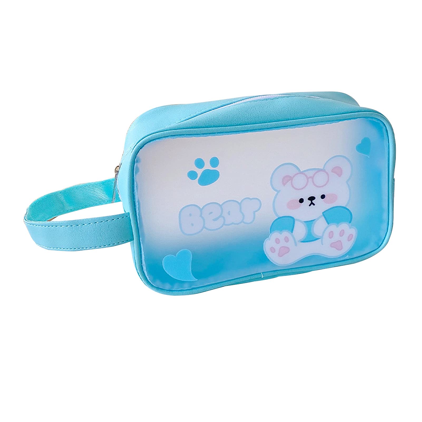 HEVIRGO Cute Makeup Bag - Large Capacity PVC Cosmetic Pouch with Zipper & Handle, Cartoon Design for Women & Teens - Perfect for Travel, Gym & Daily Organization (Blue)