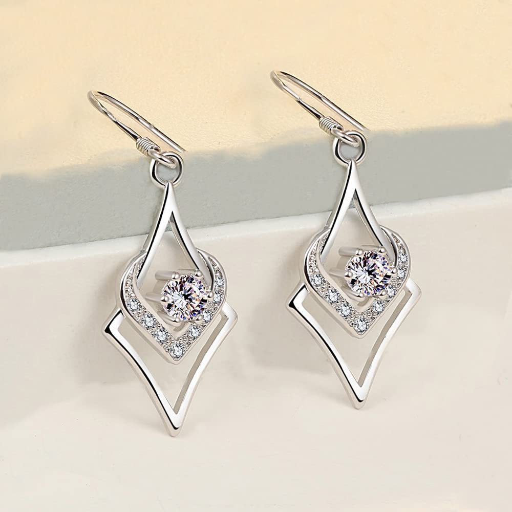 925 Sterling Silver Dangle Earrings for Women - 14K White Gold Plated Heart Hoop Earrings with AAA Cubic Zirconia | Elegant Gift for Valentine's Day, Anniversary & Date Night