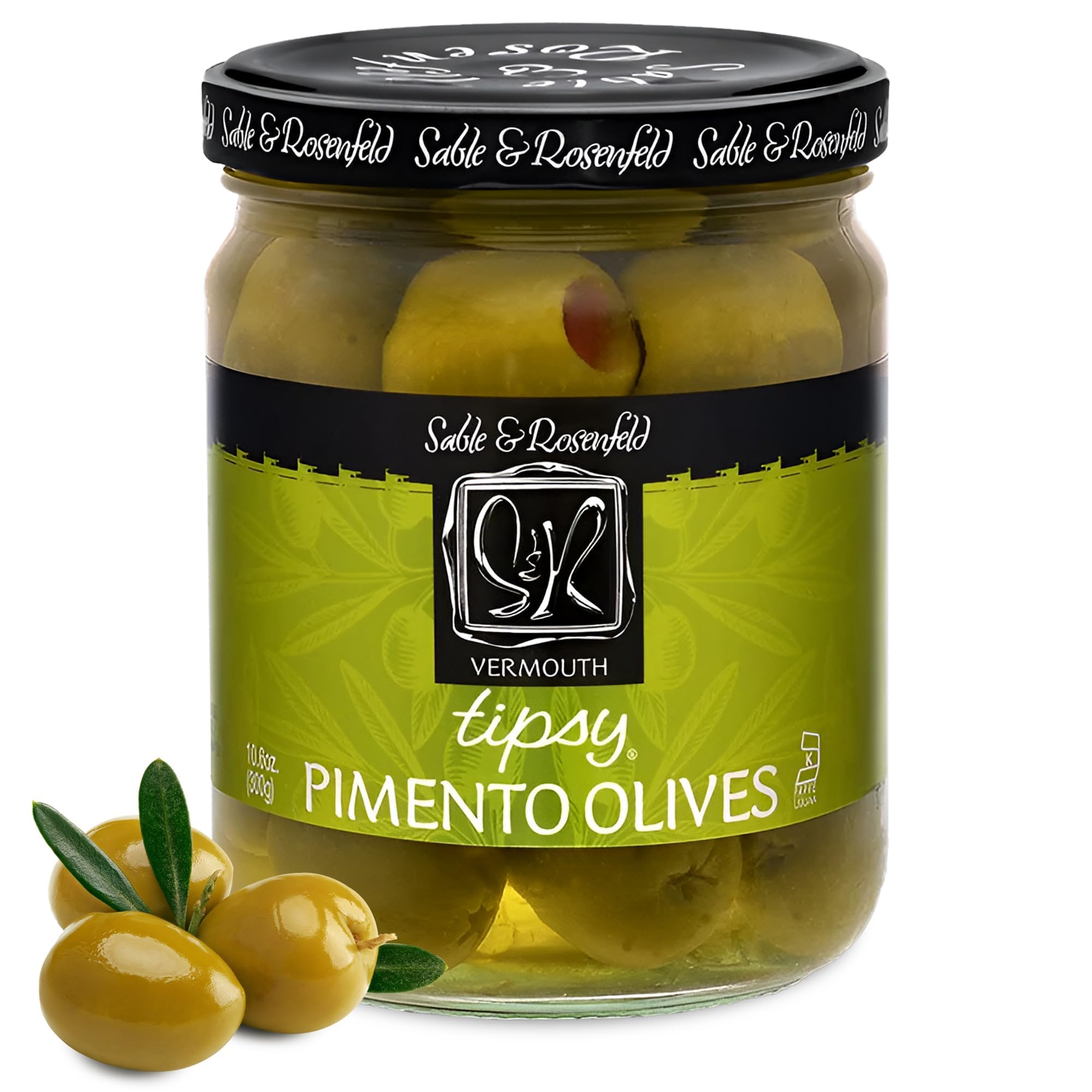 Premium Sable & Rosenfeld Tipsy Olives - Jumbo Green Olives Stuffed with Pimento in French Vermouth - Perfect for Cocktails, Bloody Mary Garnish & Martini Recipes - Gourmet Bar Snack & Party Appetizer - 10.6 oz Pack (1 Count) - Ideal for Home Entertaining & Upscale Cocktail Parties