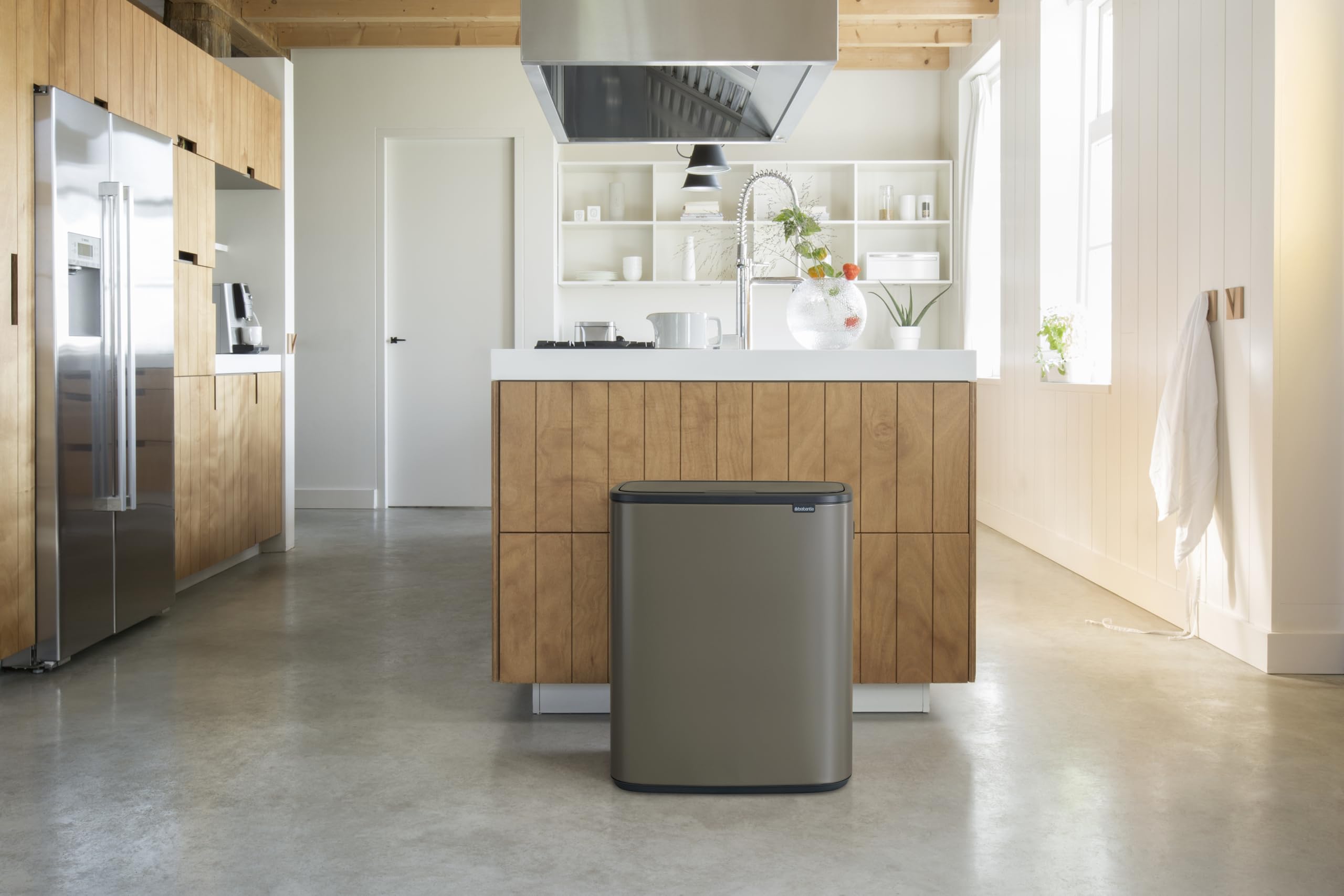Brabantia Bo Touch Top 16 Gallon Kitchen Trash Can - Soft Close Lid, Removable Compartment for Recycling & Garbage, Platinum Finish | Perfect for Modern Kitchens, Offices & Eco-Friendly Homes