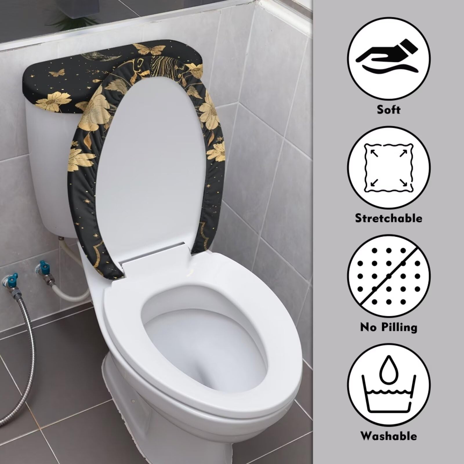 Butterfly Floral Toilet Lid Cover Set - 2PCS Elastic Edge Toilet Seat & Tank Covers for Bathroom Decor, Dust Protection, Easy to Clean - Perfect for Home, Hotel, and Guest Bathroom Decoration