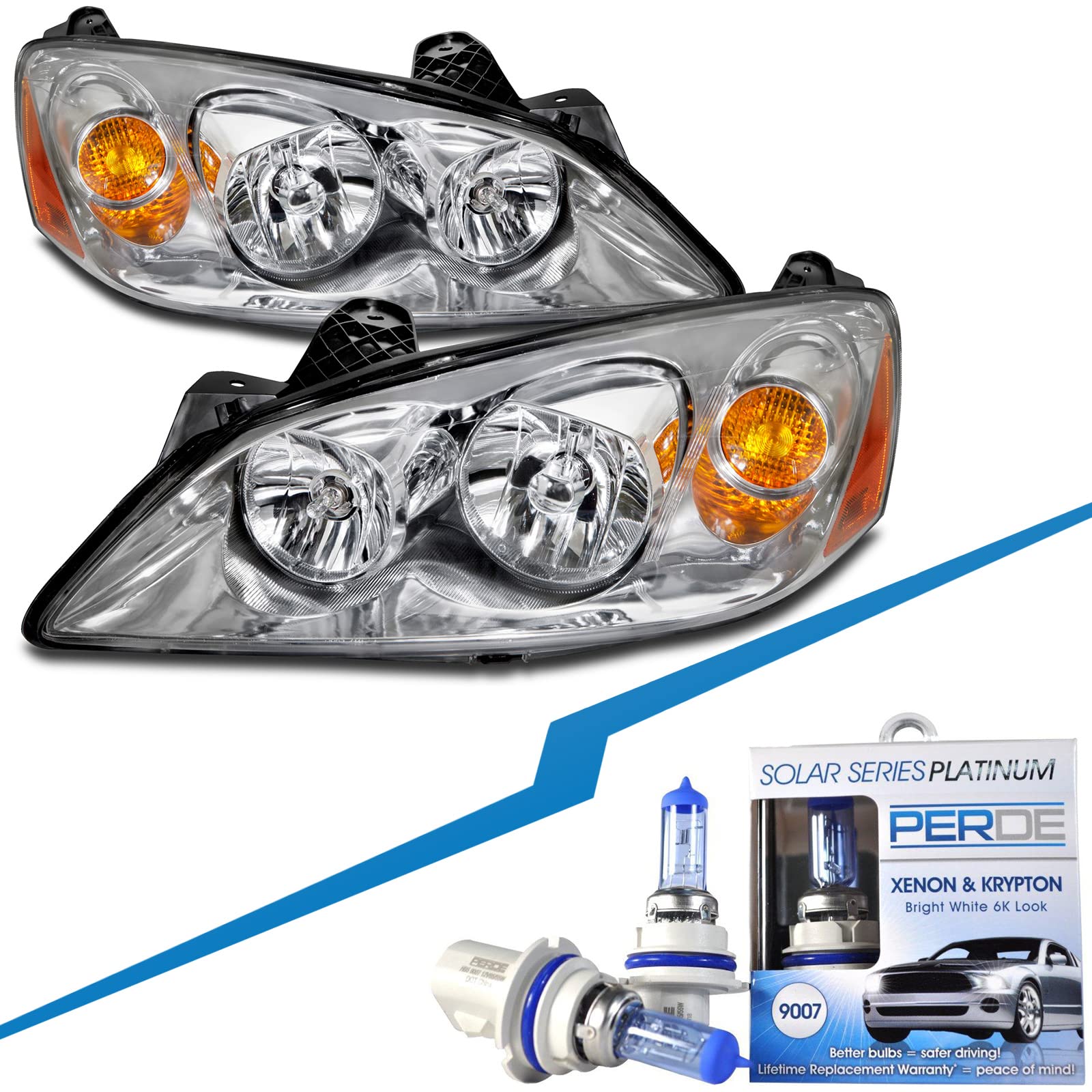 Chrome Housing Halogen Headlight Compatible with Pontiac G6 2005-2010 - Left Driver & Right Passenger Side Headlamps with Bulbs - Perfect for Night Driving and Vehicle Restoration