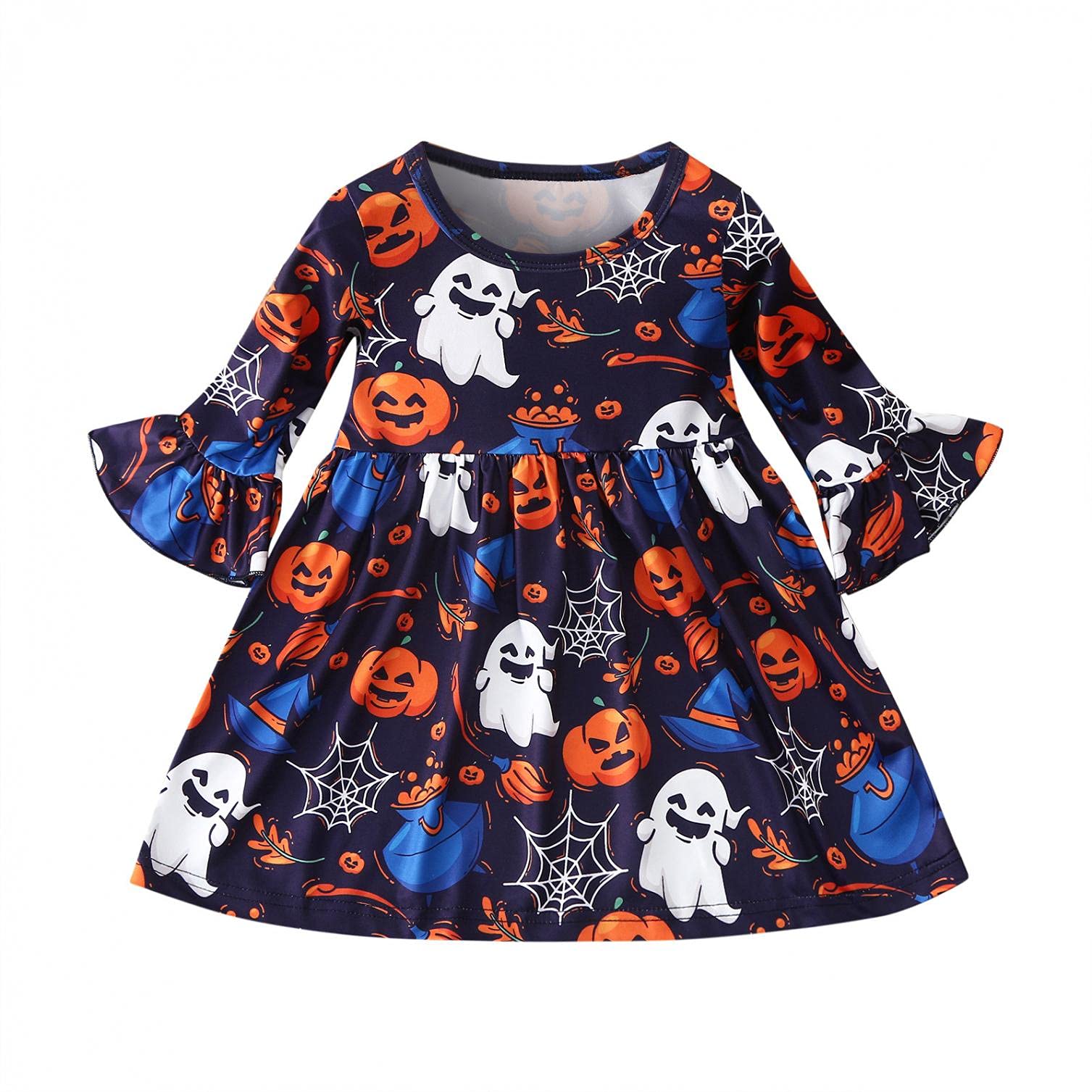 Toddler Girls Princess Dress - Flare Sleeve Skater Dress with Pumpkin Floral Print | Cute Baby Halloween Costume for Parties & Photo Shoots