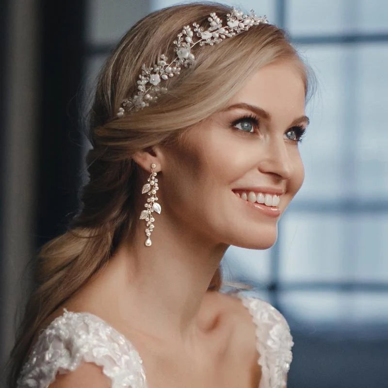 Elegant Crystal and Pearl Vine Leaf Wedding Earrings in Silver 7660 - Perfect for Bridal, Prom, Evening Gowns & Special Occasions